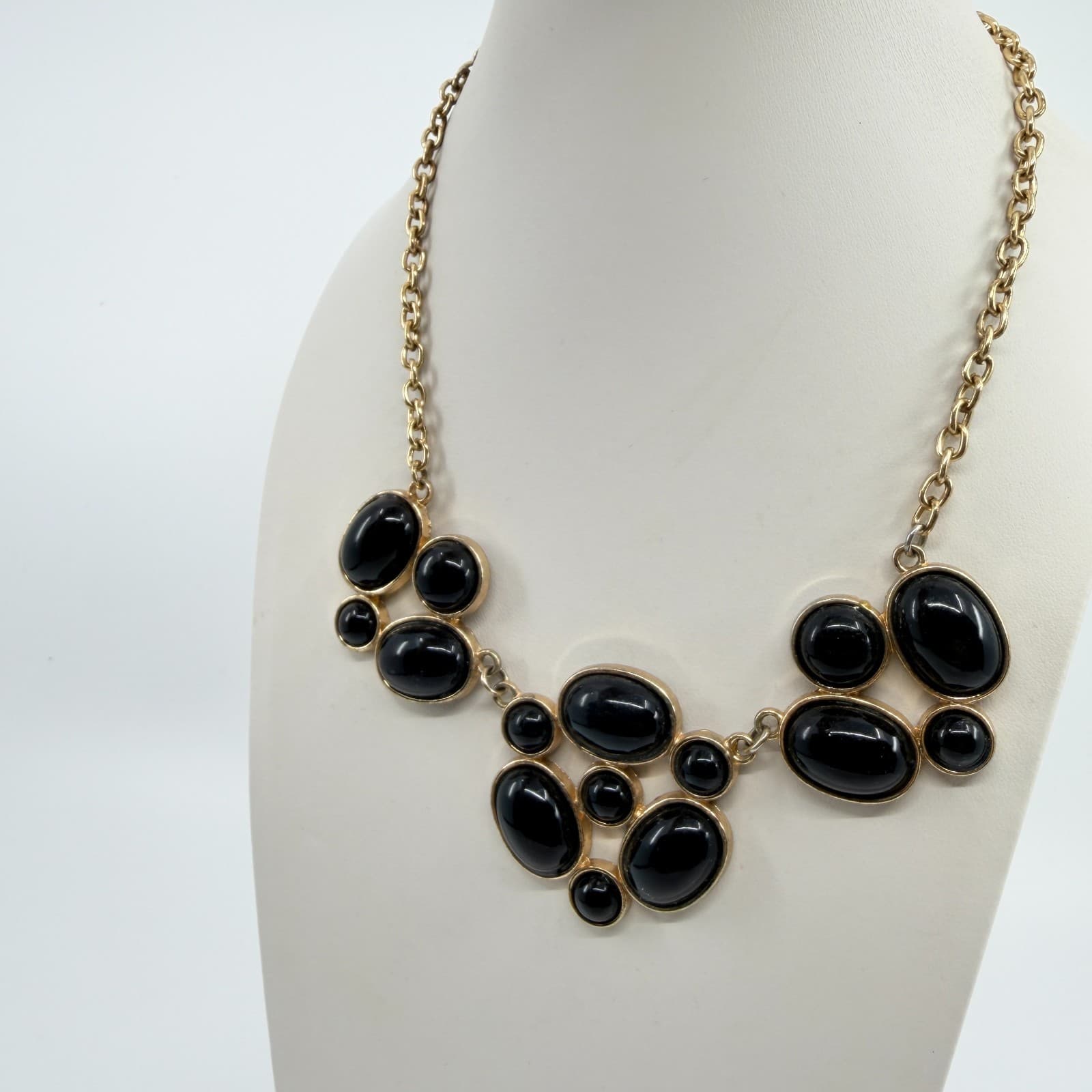 Vintage Gold Tone Black Acrylic Cabochon Bib Statement Necklace Bold Chunky Y2K - Thumbnail 9