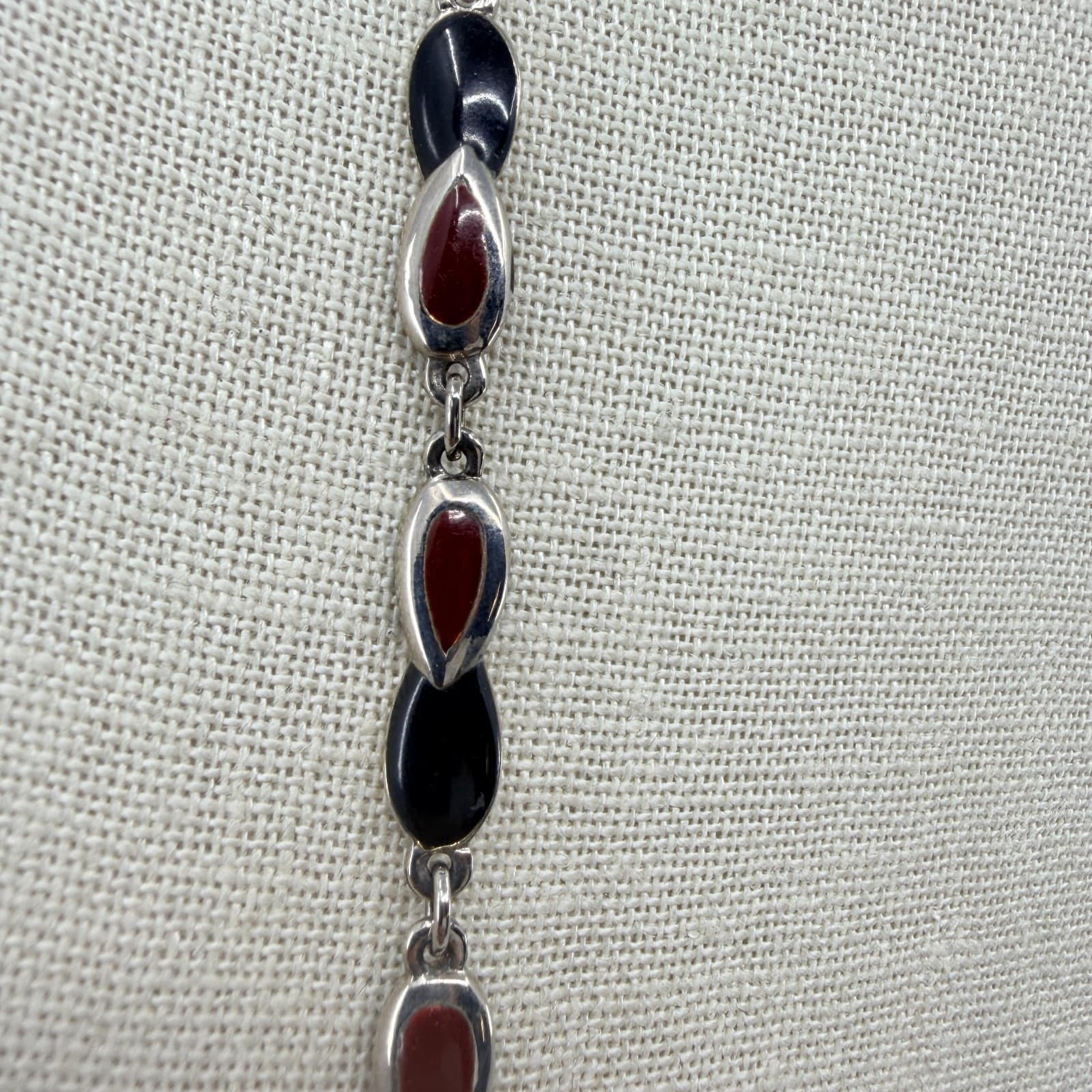 Vintage Silver Tone Station Necklace Black Burgundy Teardrop Link Long Boho Y2K - Thumbnail 6