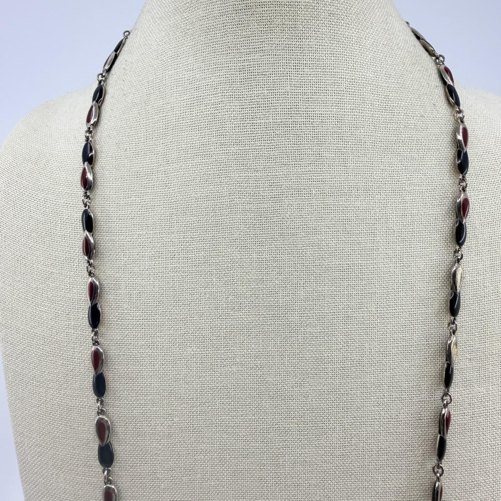 Vintage Silver Tone Station Necklace Black Burgundy Teardrop Link Long Boho Y2K - Thumbnail 5