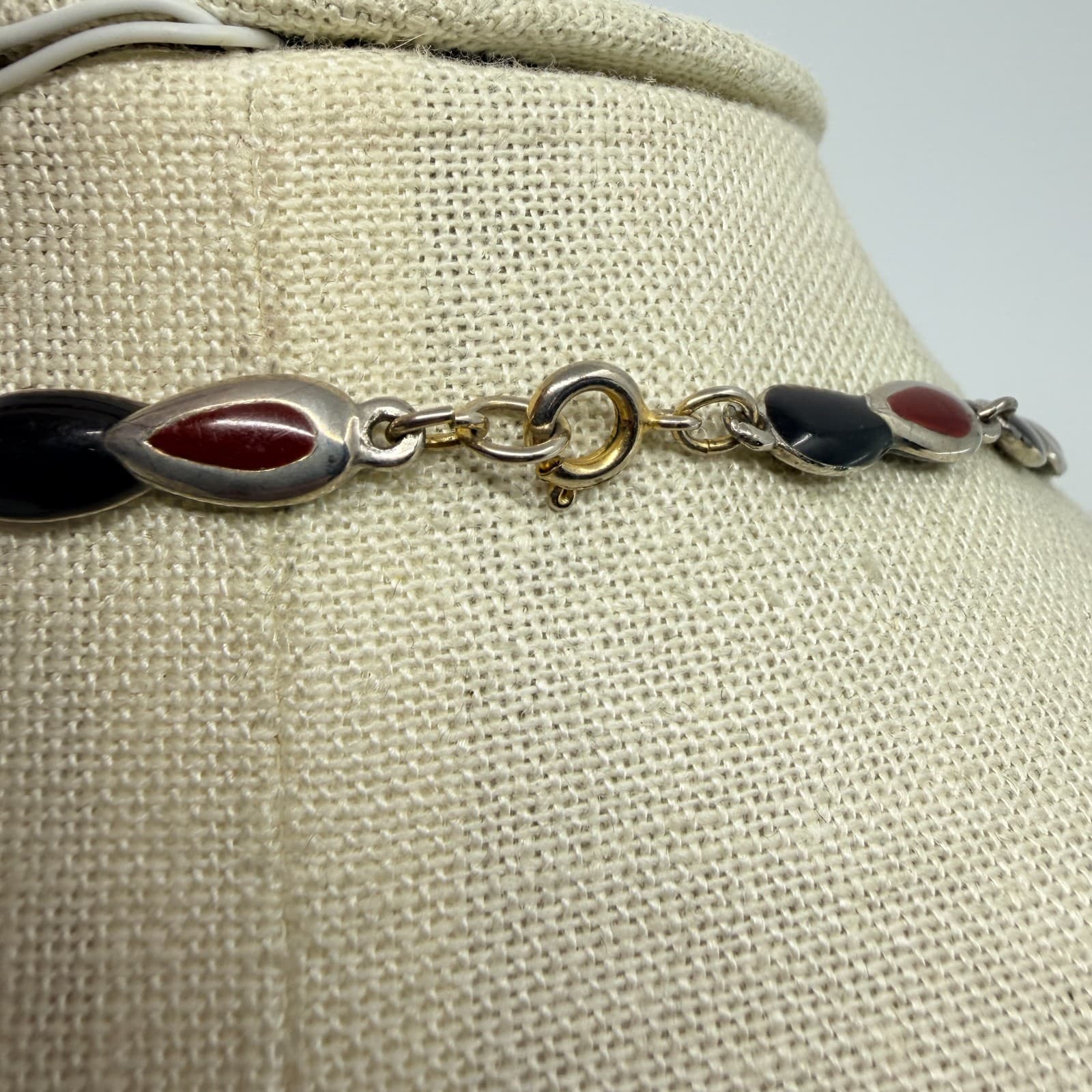 Vintage Silver Tone Station Necklace Black Burgundy Teardrop Link Long Boho Y2K - Thumbnail 7