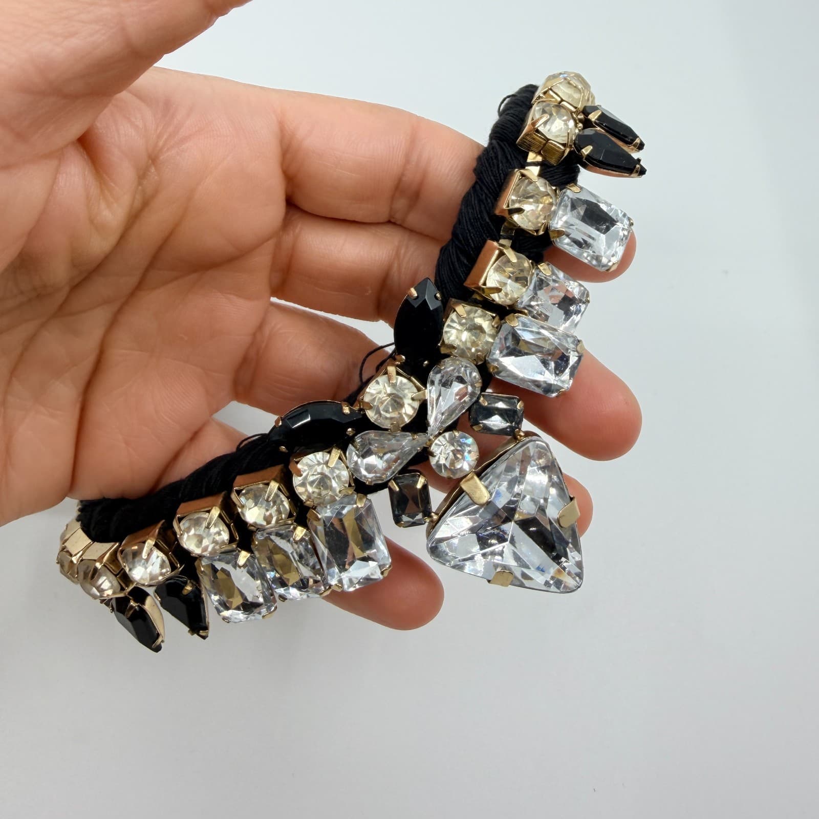 Vintage Black Braided Rope Bib Necklace Clear Black Crystal Rhinestone Statement - Thumbnail 8