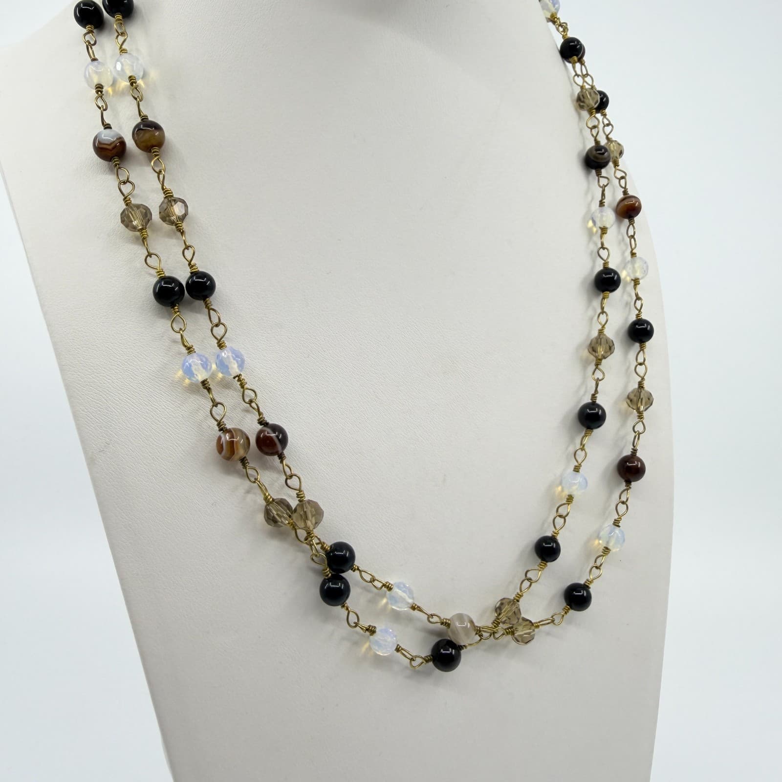 Vintage Gold Tone Multi Strand Beaded Necklace Faux Tiger Eye Opalite Stone Y2K - Thumbnail 6