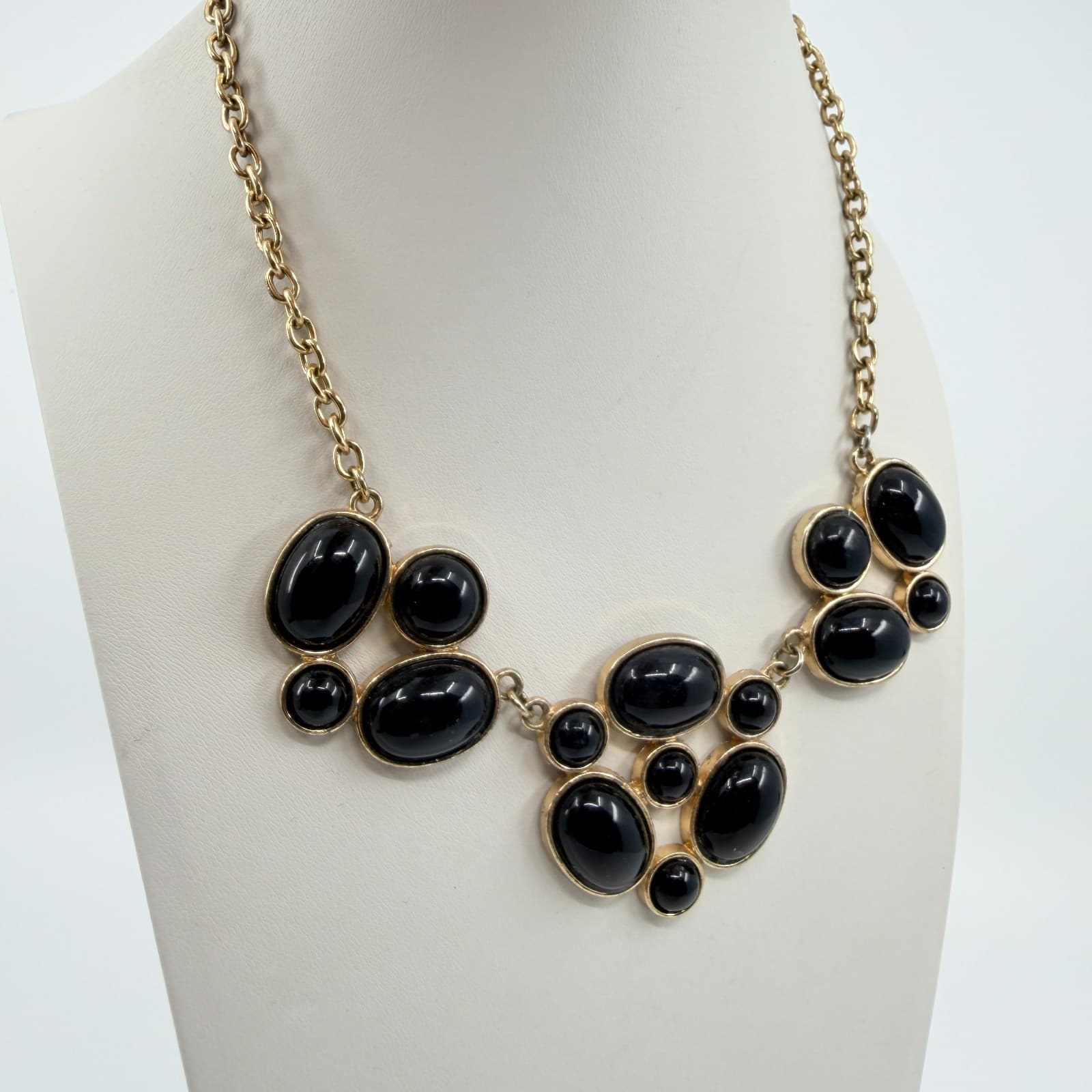 Vintage Gold Tone Black Acrylic Cabochon Bib Statement Necklace Bold Chunky Y2K - Thumbnail 7