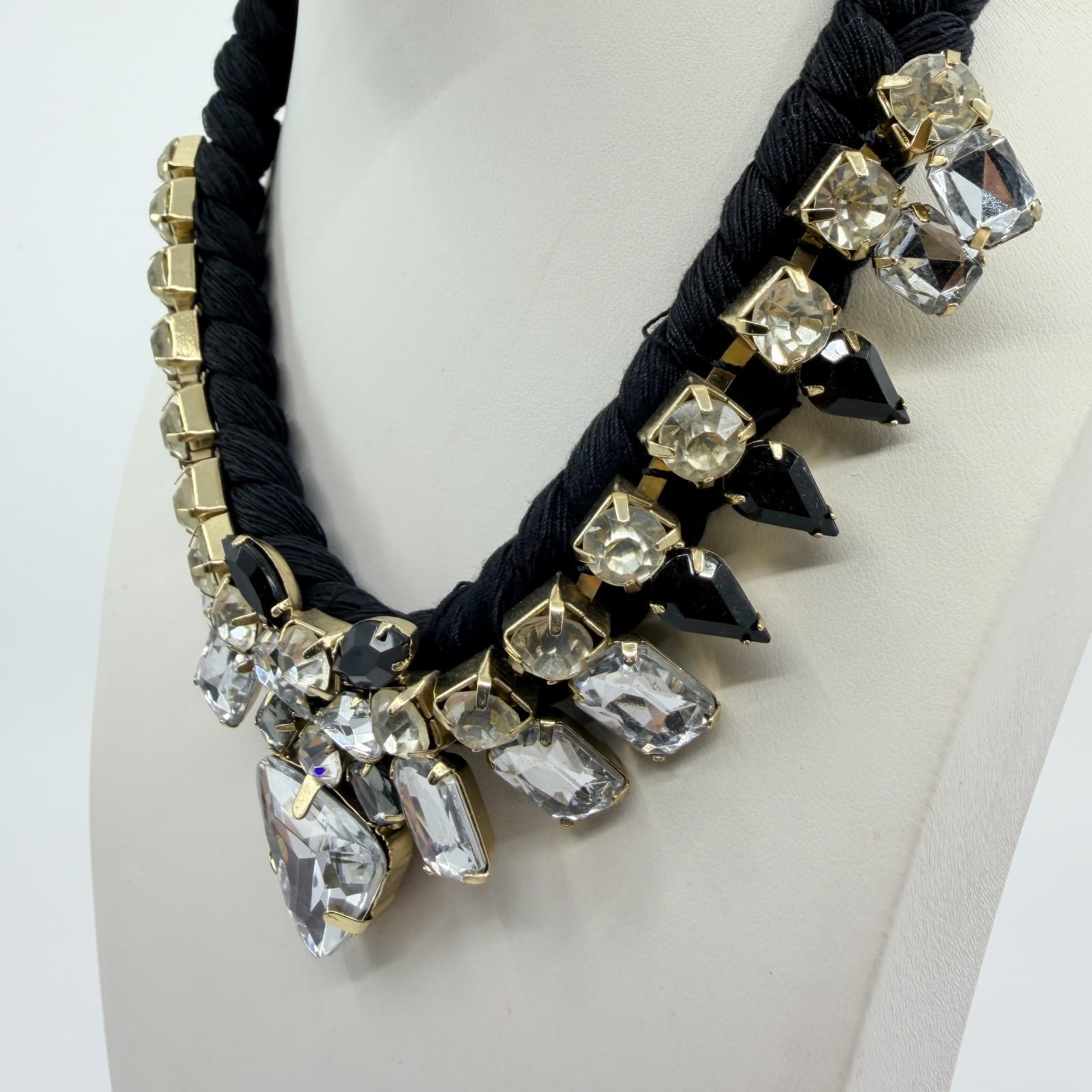 Vintage Black Braided Rope Bib Necklace Clear Black Crystal Rhinestone Statement - Thumbnail 6