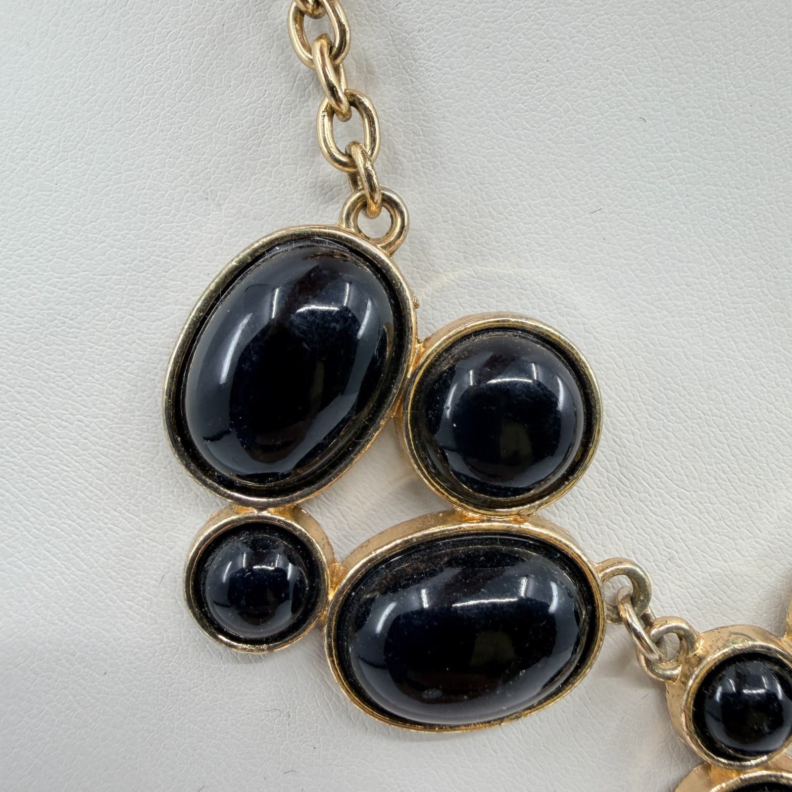 Vintage Gold Tone Black Acrylic Cabochon Bib Statement Necklace Bold Chunky Y2K - Thumbnail 5