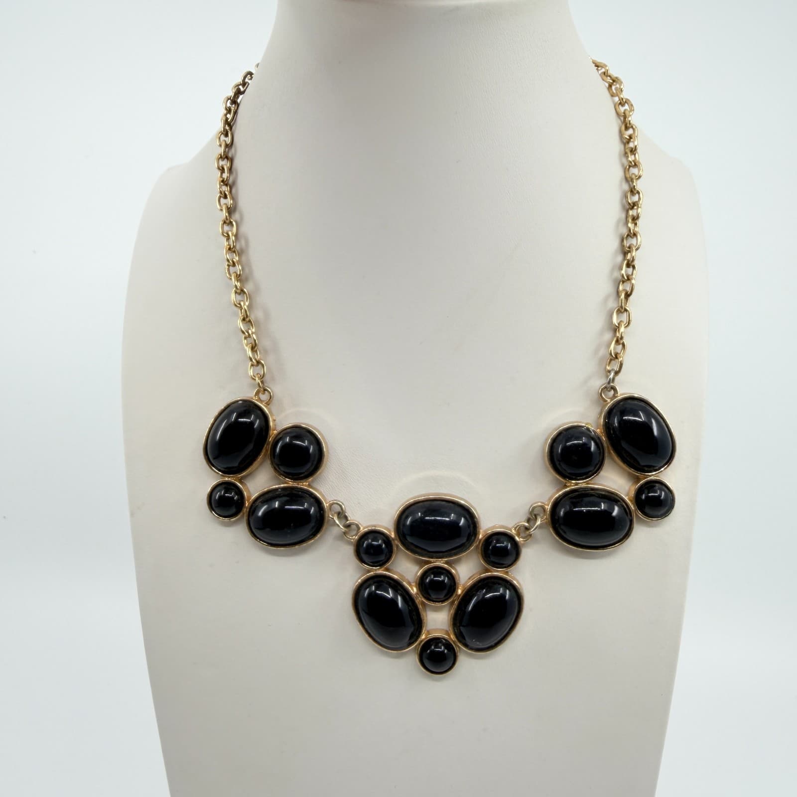 Vintage Gold Tone Black Acrylic Cabochon Bib Statement Necklace Bold Chunky Y2K - Thumbnail 3
