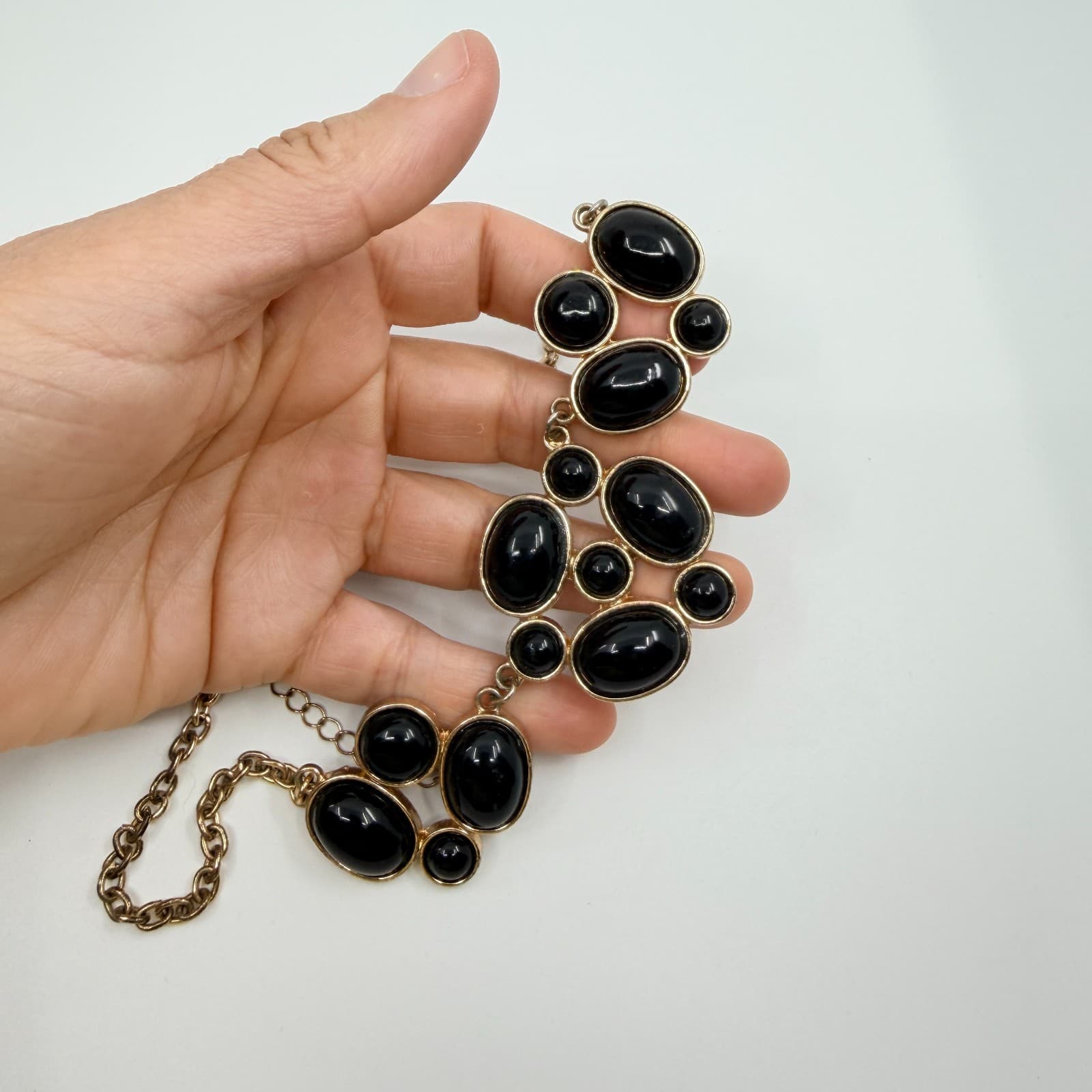 Vintage Gold Tone Black Acrylic Cabochon Bib Statement Necklace Bold Chunky Y2K - Thumbnail 12