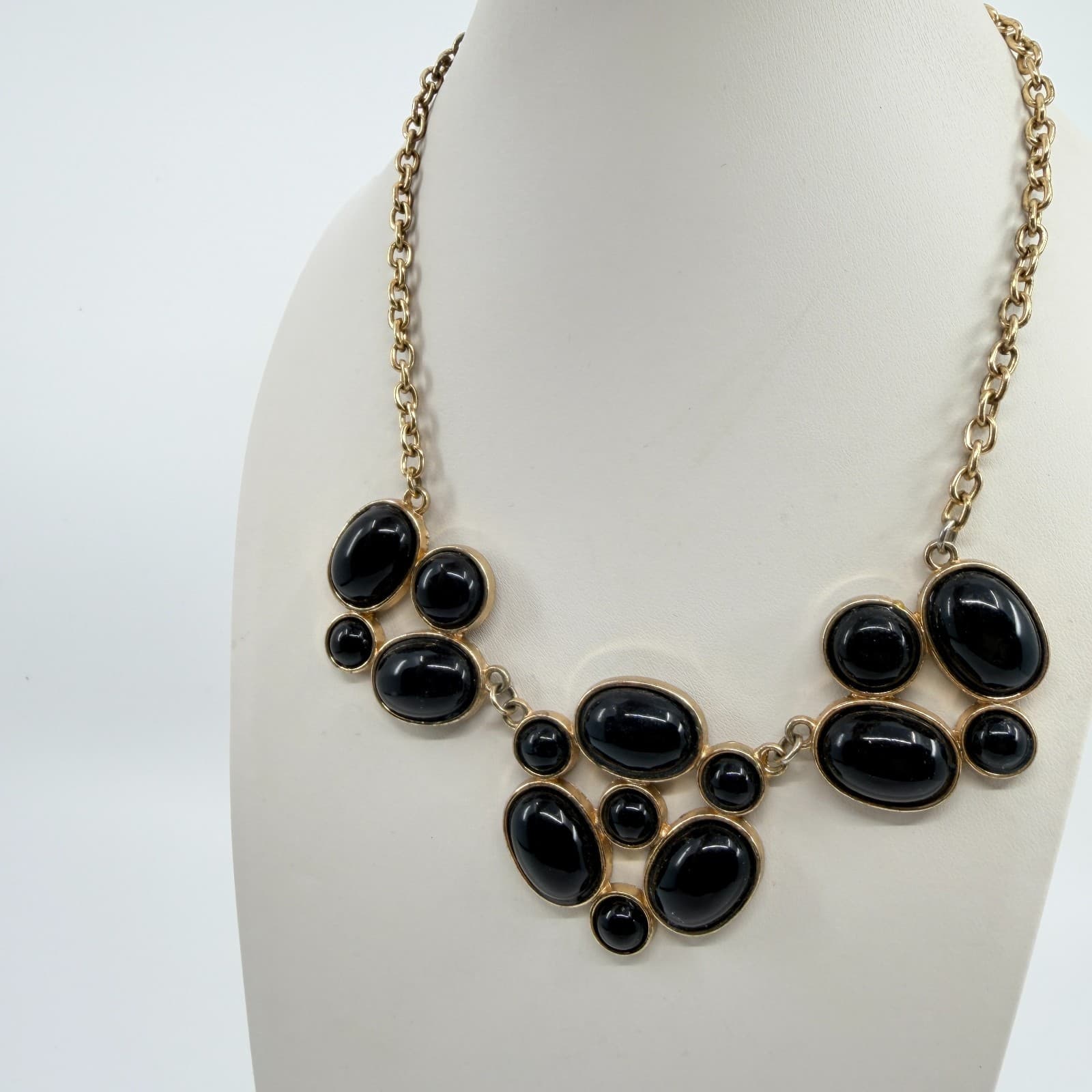 Vintage Gold Tone Black Acrylic Cabochon Bib Statement Necklace Bold Chunky Y2K - Thumbnail 8