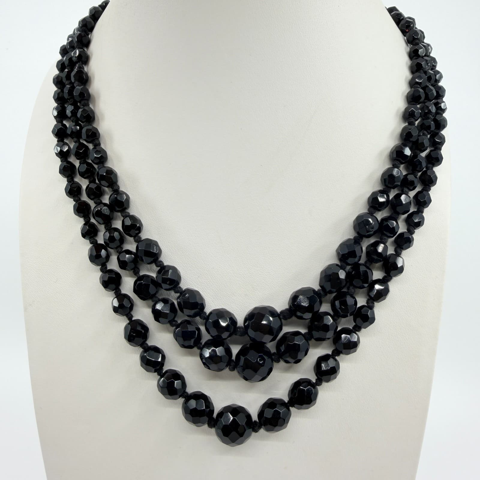Vintage Triple Strand Black Faceted Graduated Bead Necklace MCM Retro Chic - Thumbnail 3