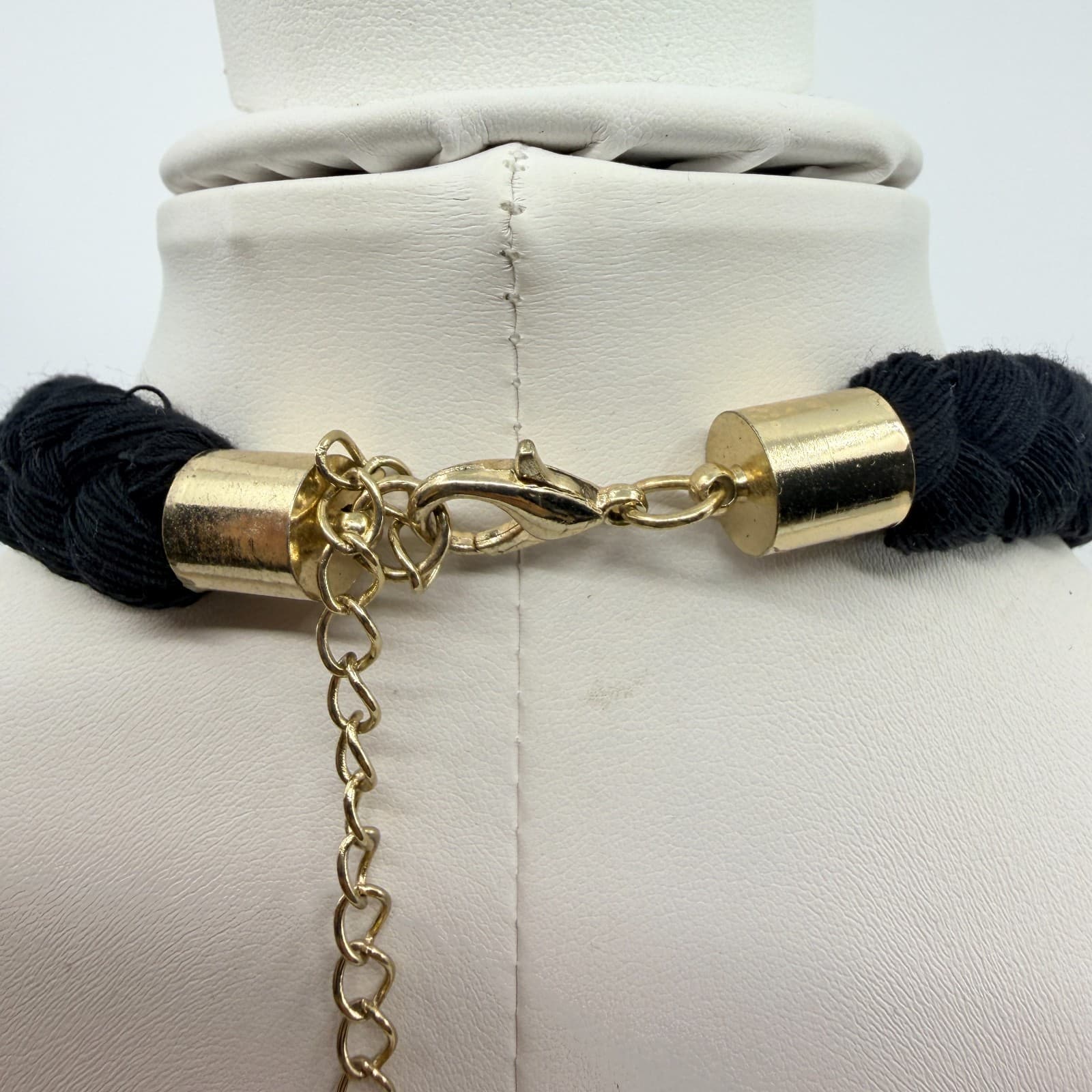 Vintage Black Braided Rope Bib Necklace Clear Black Crystal Rhinestone Statement - Thumbnail 7