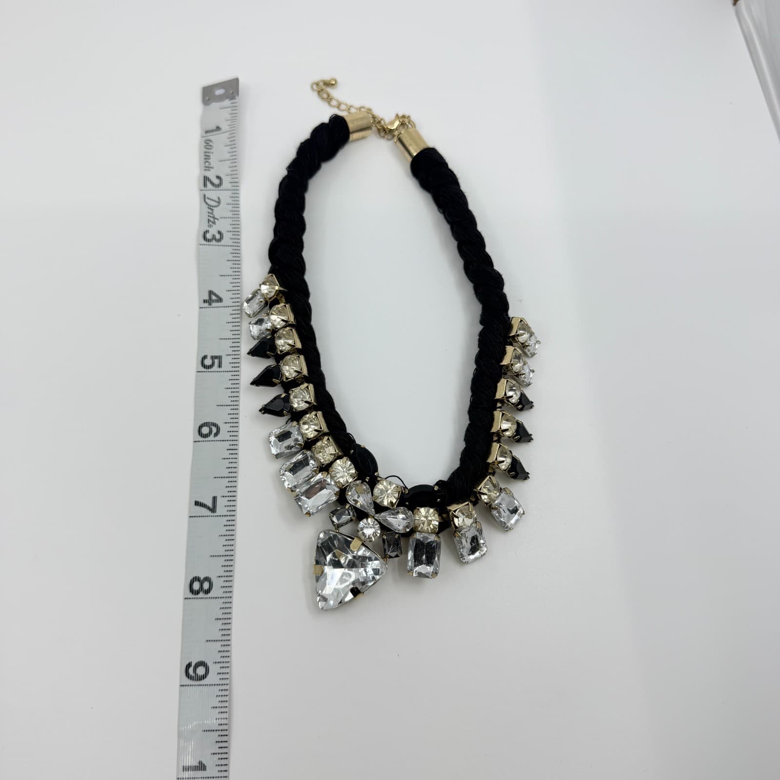 Vintage Black Braided Rope Bib Necklace Clear Black Crystal Rhinestone Statement - Thumbnail 9