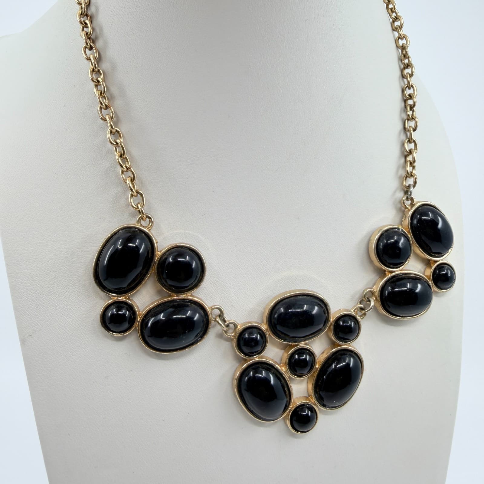 Vintage Gold Tone Black Acrylic Cabochon Bib Statement Necklace Bold Chunky Y2K - Thumbnail 6