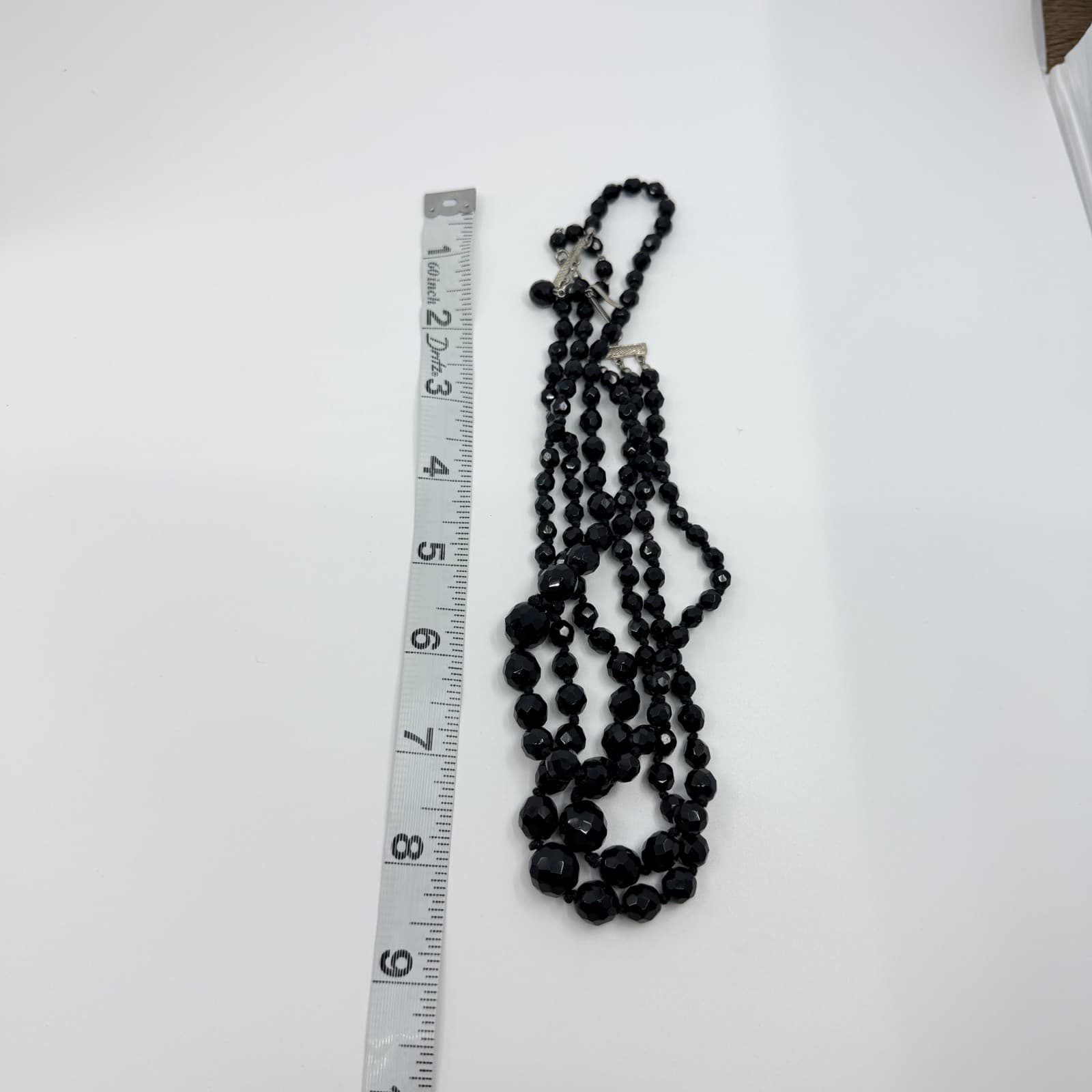 Vintage Triple Strand Black Faceted Graduated Bead Necklace MCM Retro Chic - Thumbnail 9