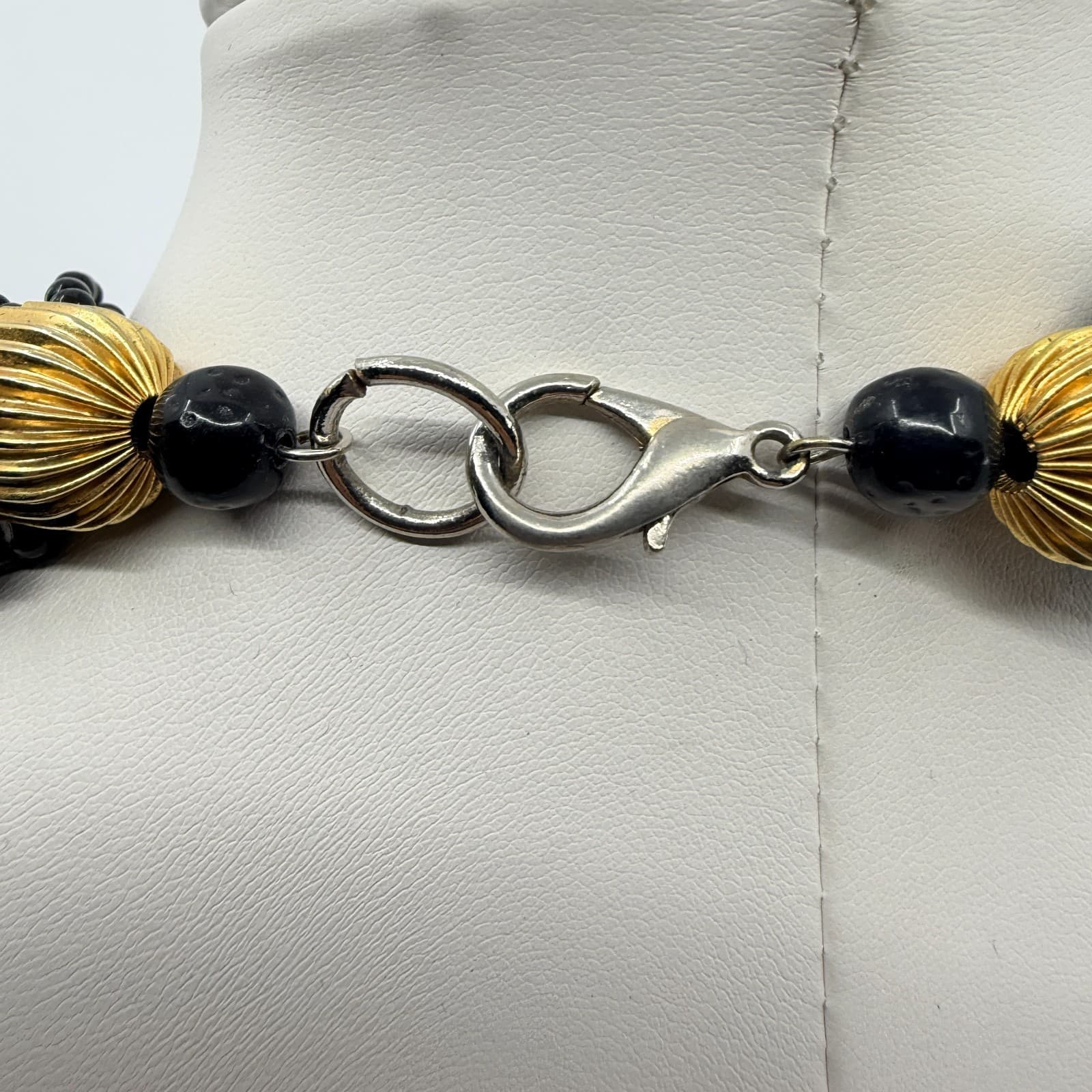 Vintage Black Gold Tone Multi Strand Beaded Necklace Statement Chunky Bold Retro - Thumbnail 7