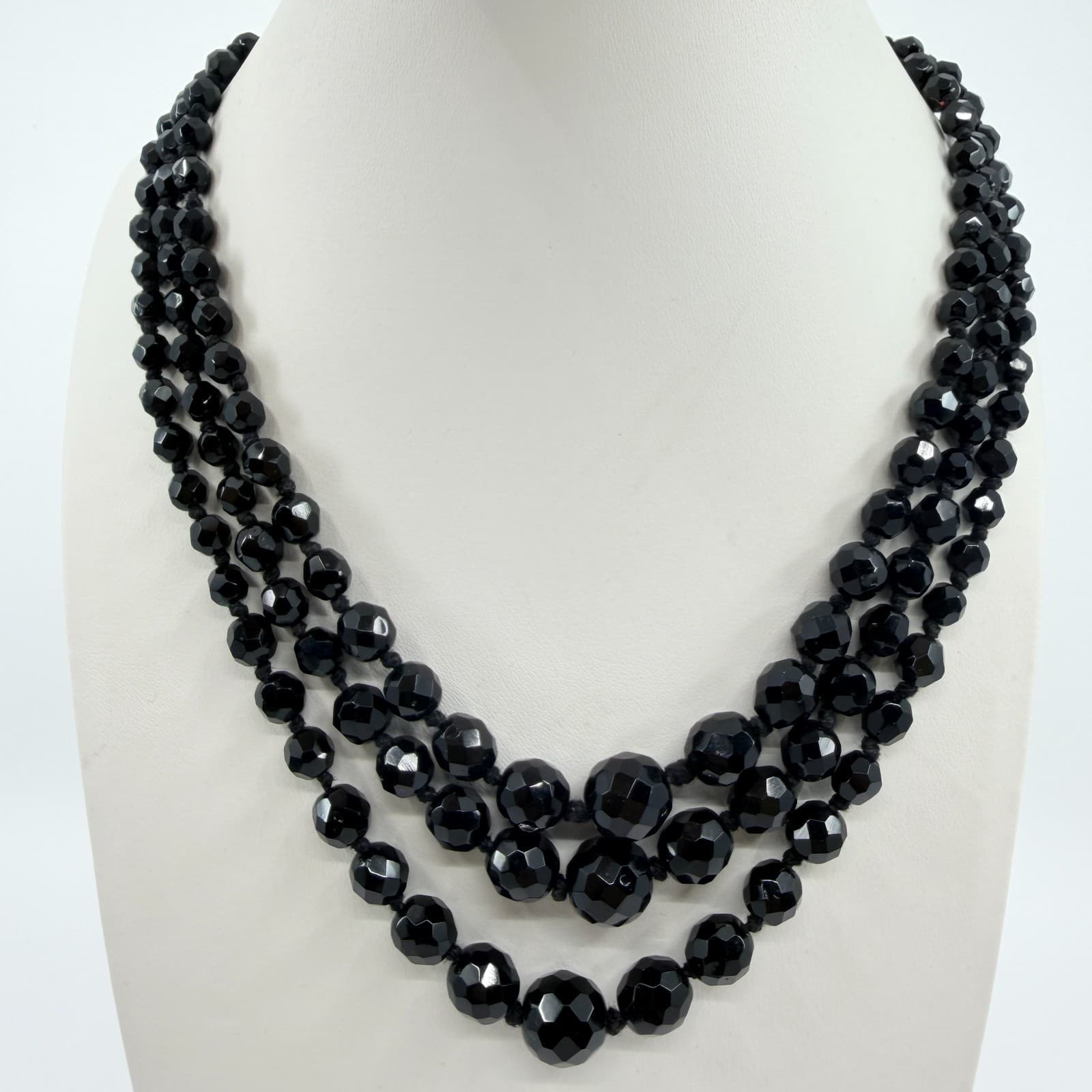 Vintage Triple Strand Black Faceted Graduated Bead Necklace MCM Retro Chic - Thumbnail 8