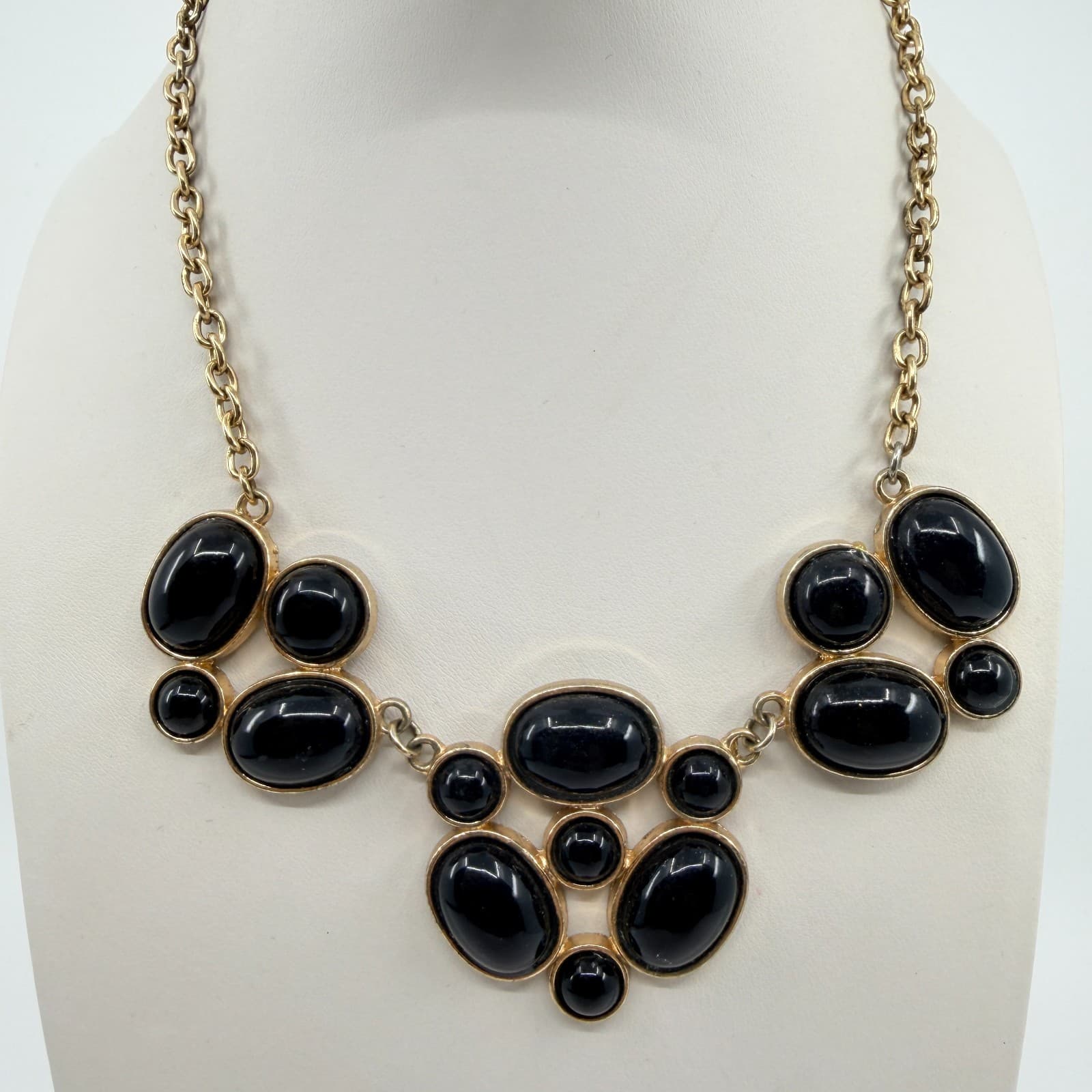 Vintage Gold Tone Black Acrylic Cabochon Bib Statement Necklace Bold Chunky Y2K - Thumbnail 2