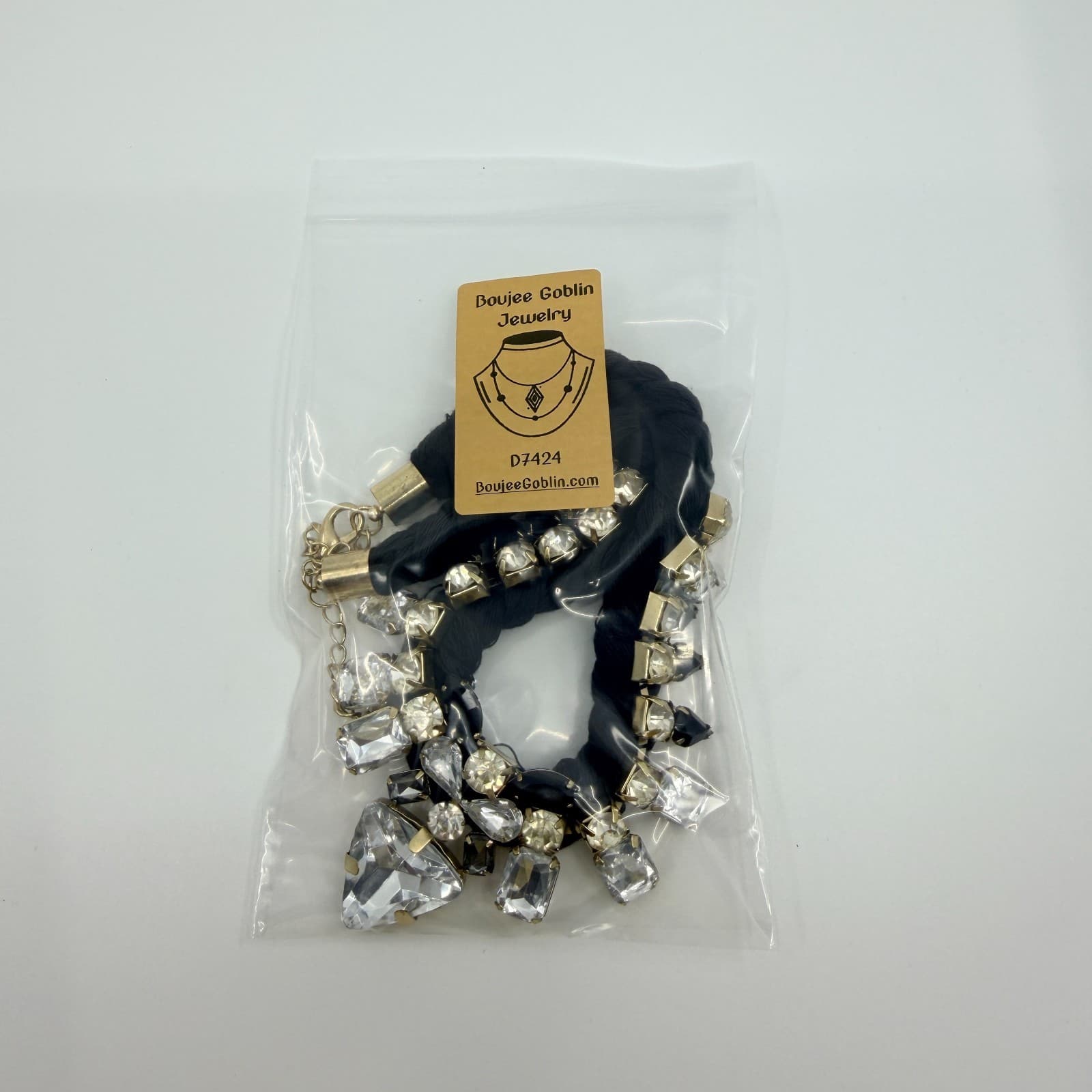 Vintage Black Braided Rope Bib Necklace Clear Black Crystal Rhinestone Statement - Thumbnail 10
