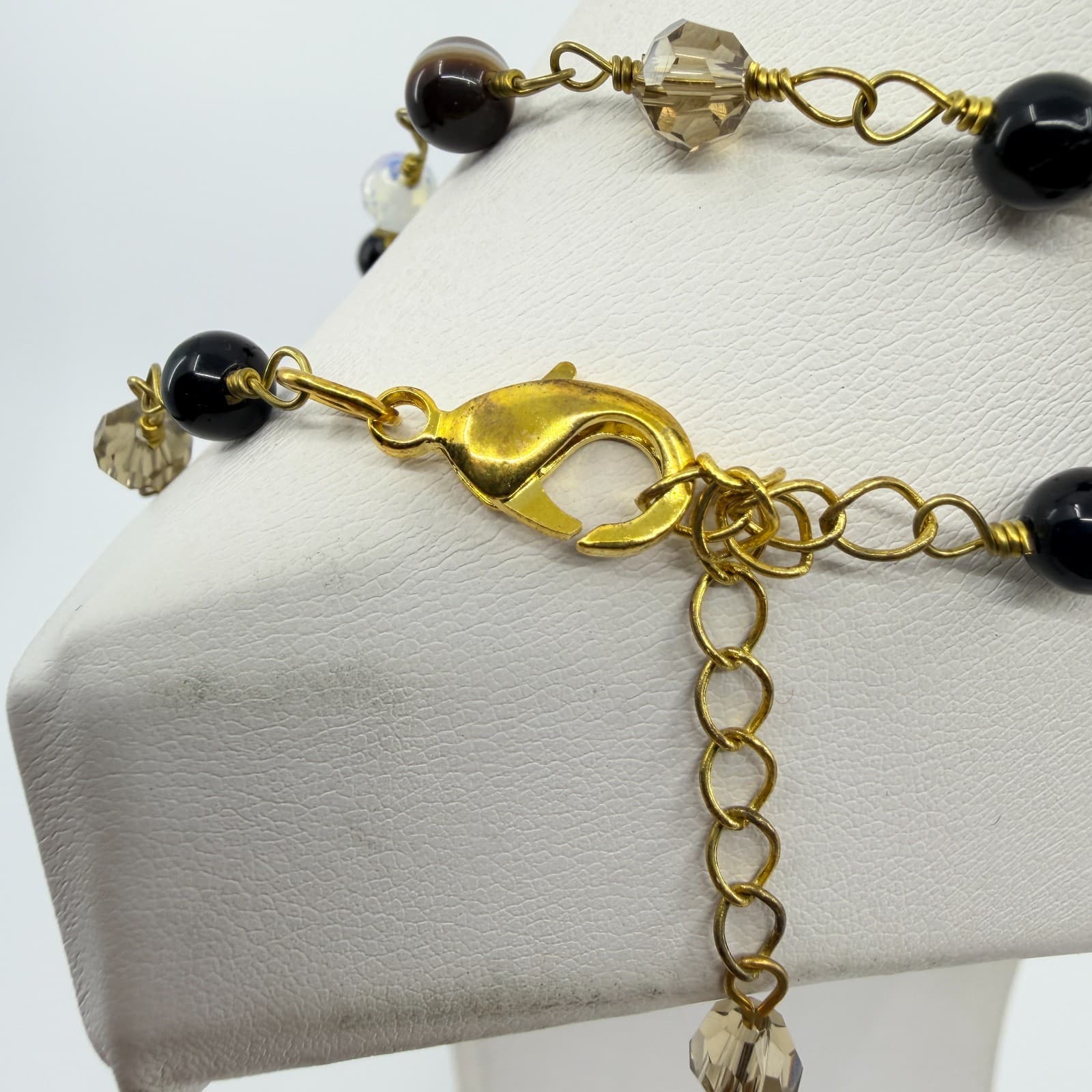 Vintage Gold Tone Multi Strand Beaded Necklace Faux Tiger Eye Opalite Stone Y2K - Thumbnail 7