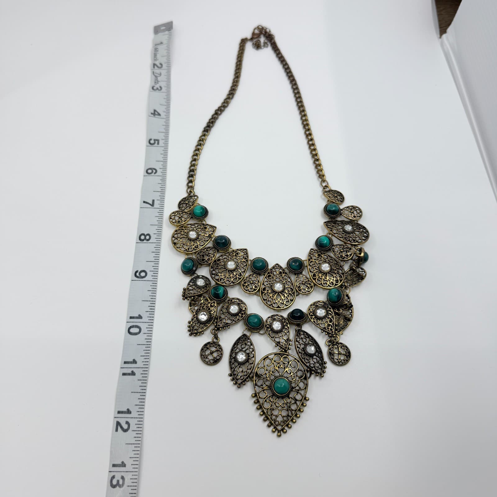 Vintage Antique Gold Tone Filigree Bib Statement Necklace Teal Green Boho Retro - Thumbnail 9