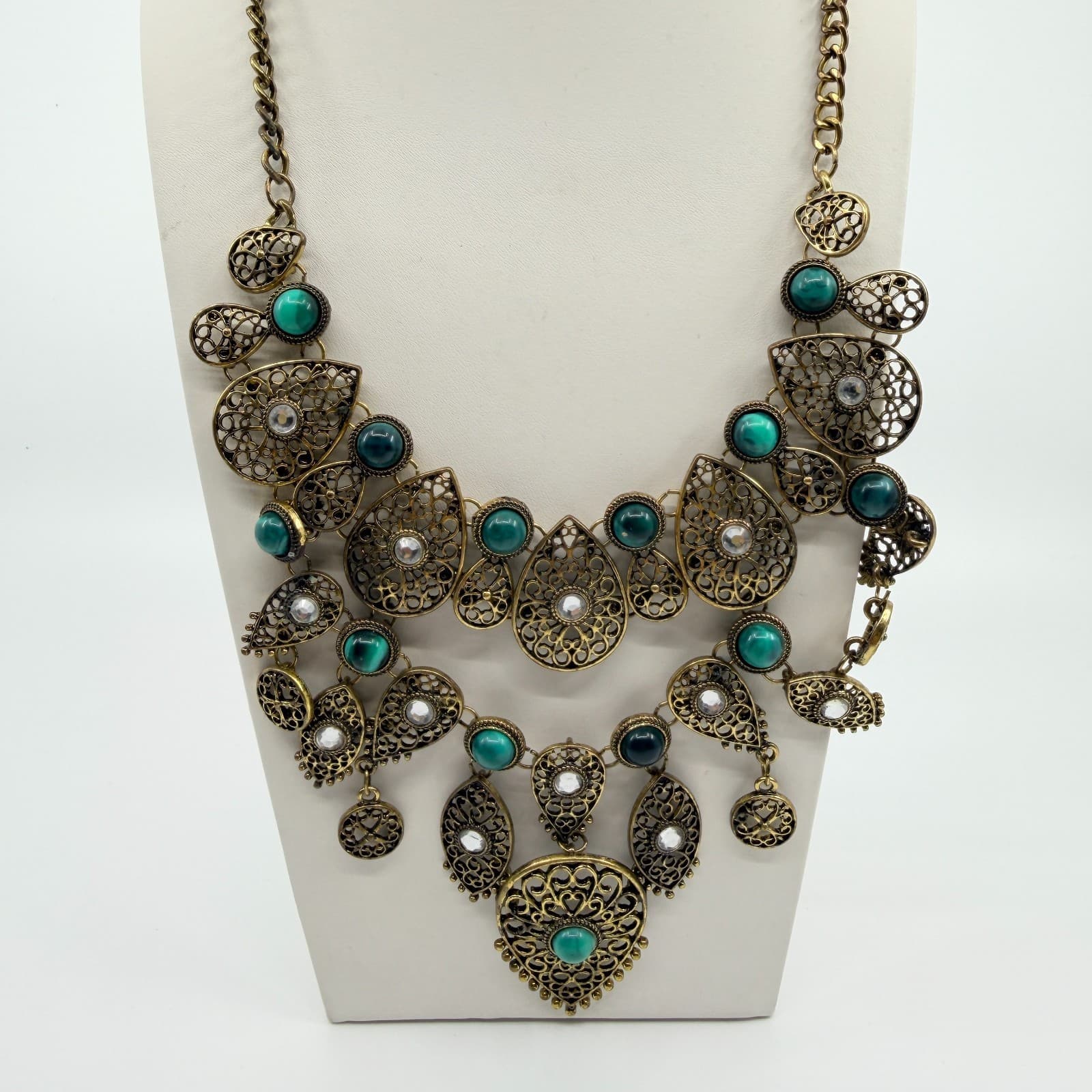 Vintage Antique Gold Tone Filigree Bib Statement Necklace Teal Green Boho Retro - Thumbnail 2