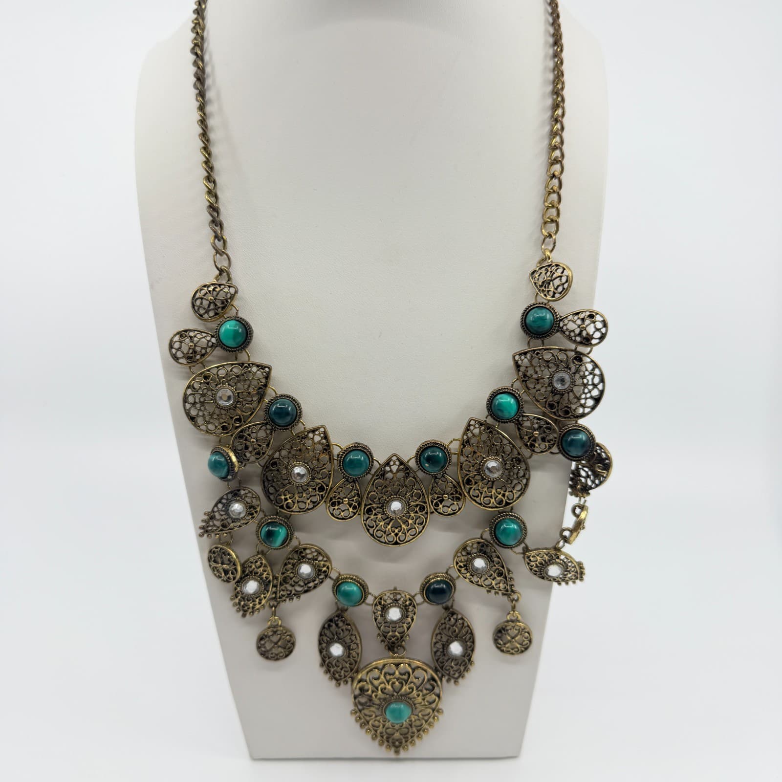 Vintage Antique Gold Tone Filigree Bib Statement Necklace Teal Green Boho Retro - Thumbnail 3