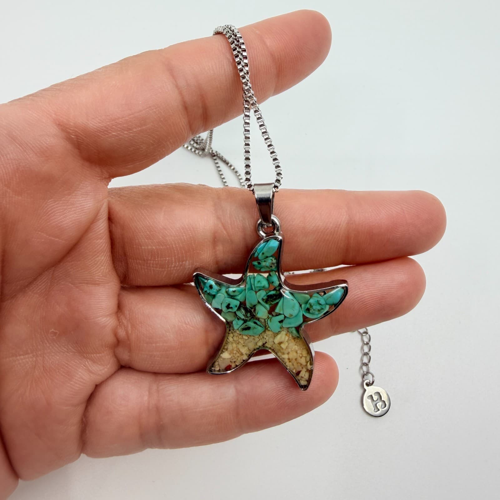 Vintage Silver Tone Starfish Pendant Necklace Teal Faux Turquoise Beachy Boho - Thumbnail 7