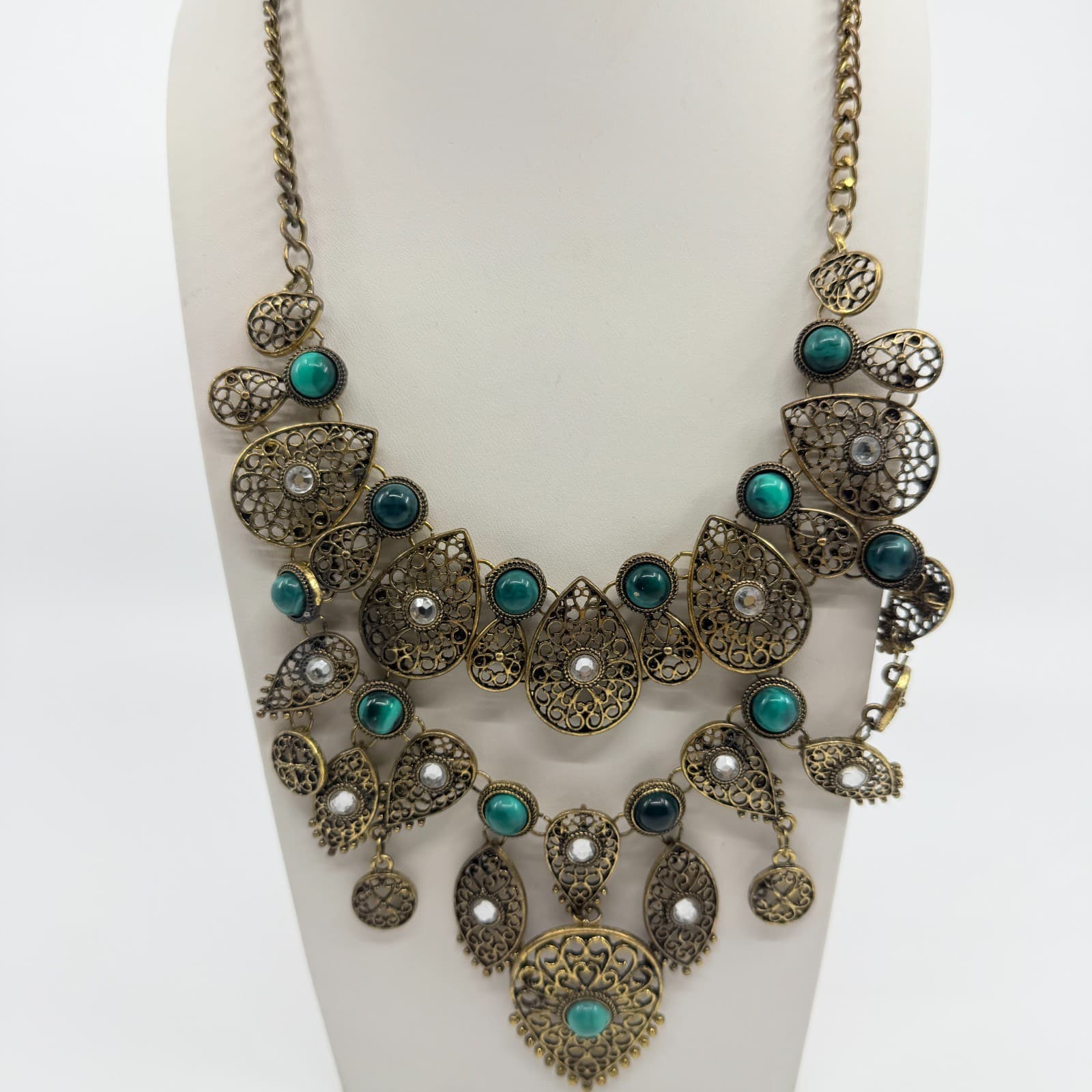 Vintage Antique Gold Tone Filigree Bib Statement Necklace Teal Green Boho Retro - Thumbnail 6