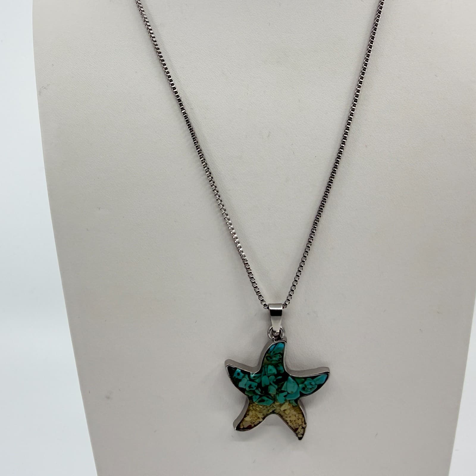 Vintage Silver Tone Starfish Pendant Necklace Teal Faux Turquoise Beachy Boho - Thumbnail 4