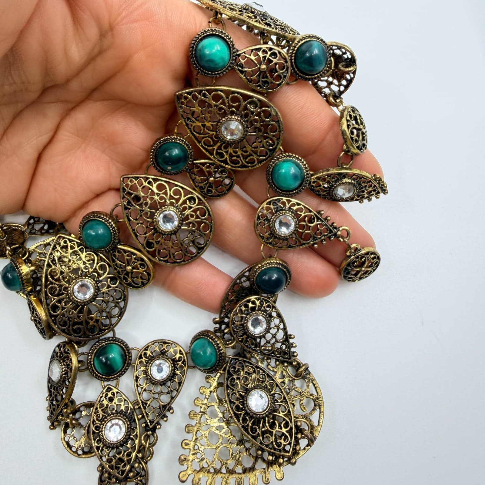 Vintage Antique Gold Tone Filigree Bib Statement Necklace Teal Green Boho Retro - Thumbnail 8