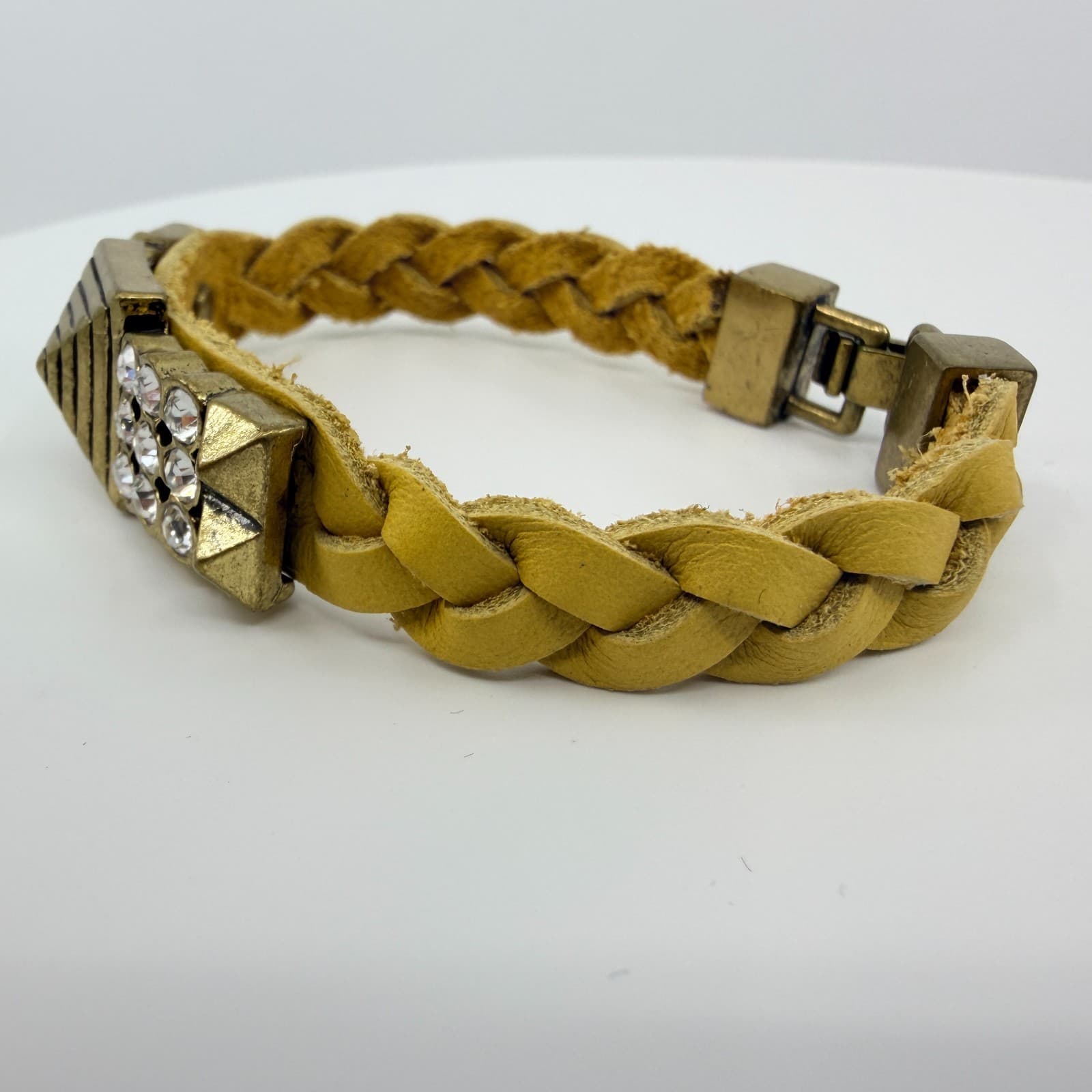 Vintage Antique Gold Tone Yellow Braided Statement Bracelet Rhinestone Bold Y2K - Thumbnail 4