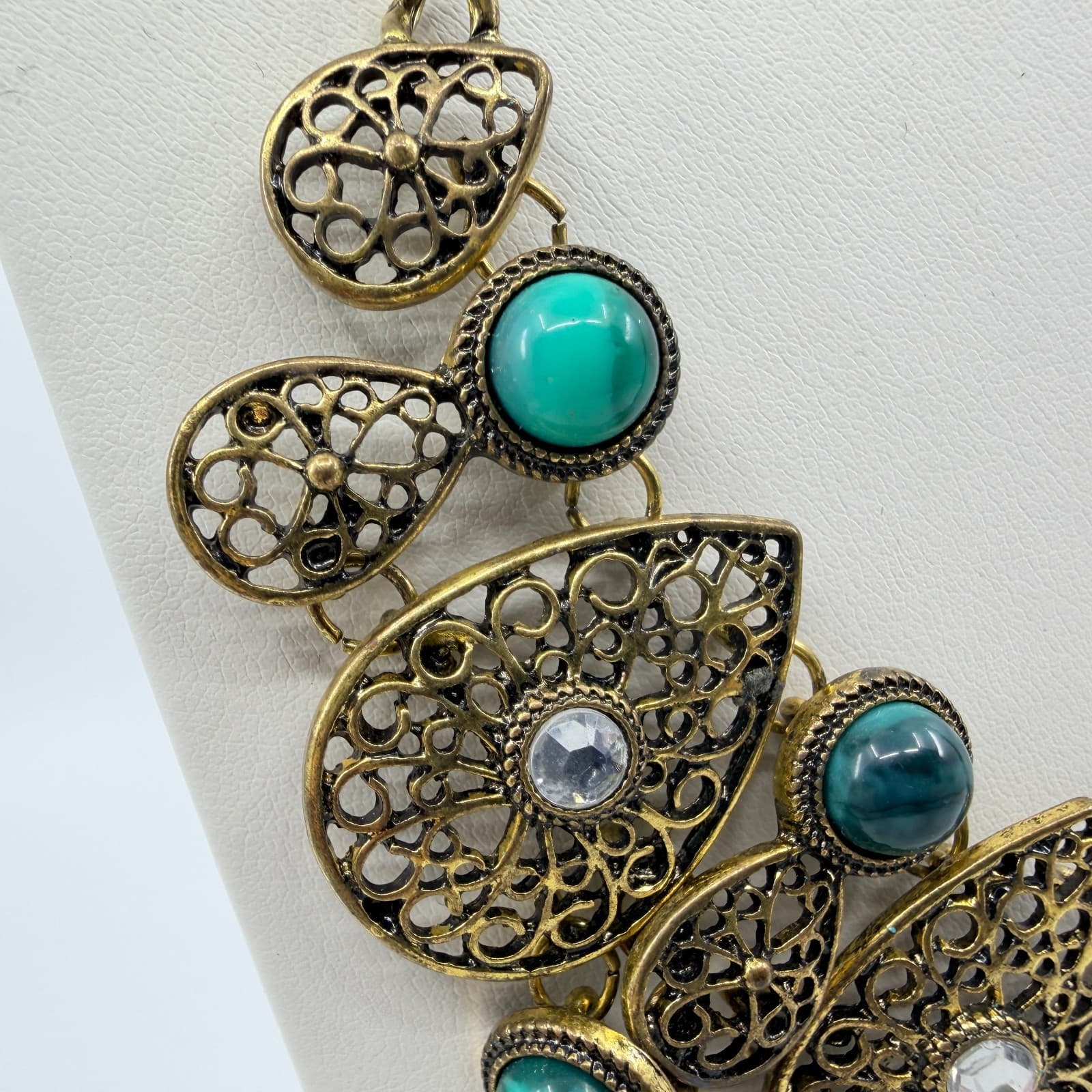 Vintage Antique Gold Tone Filigree Bib Statement Necklace Teal Green Boho Retro - Thumbnail 5