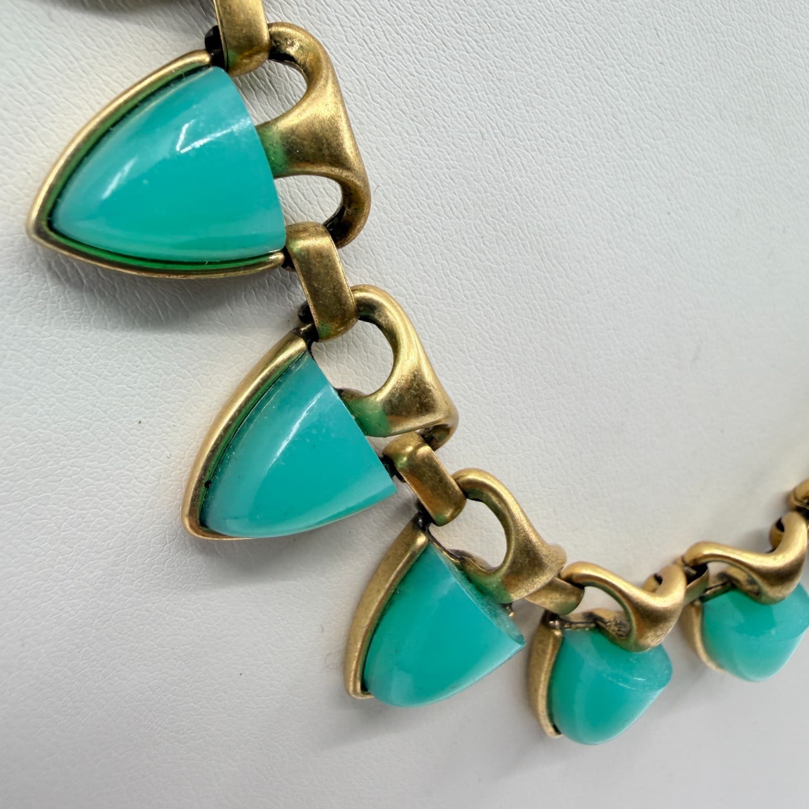 Vintage Antique Gold Tone Aqua Green Triangle Statement Necklace Bold Chunky Y2K - Thumbnail 3