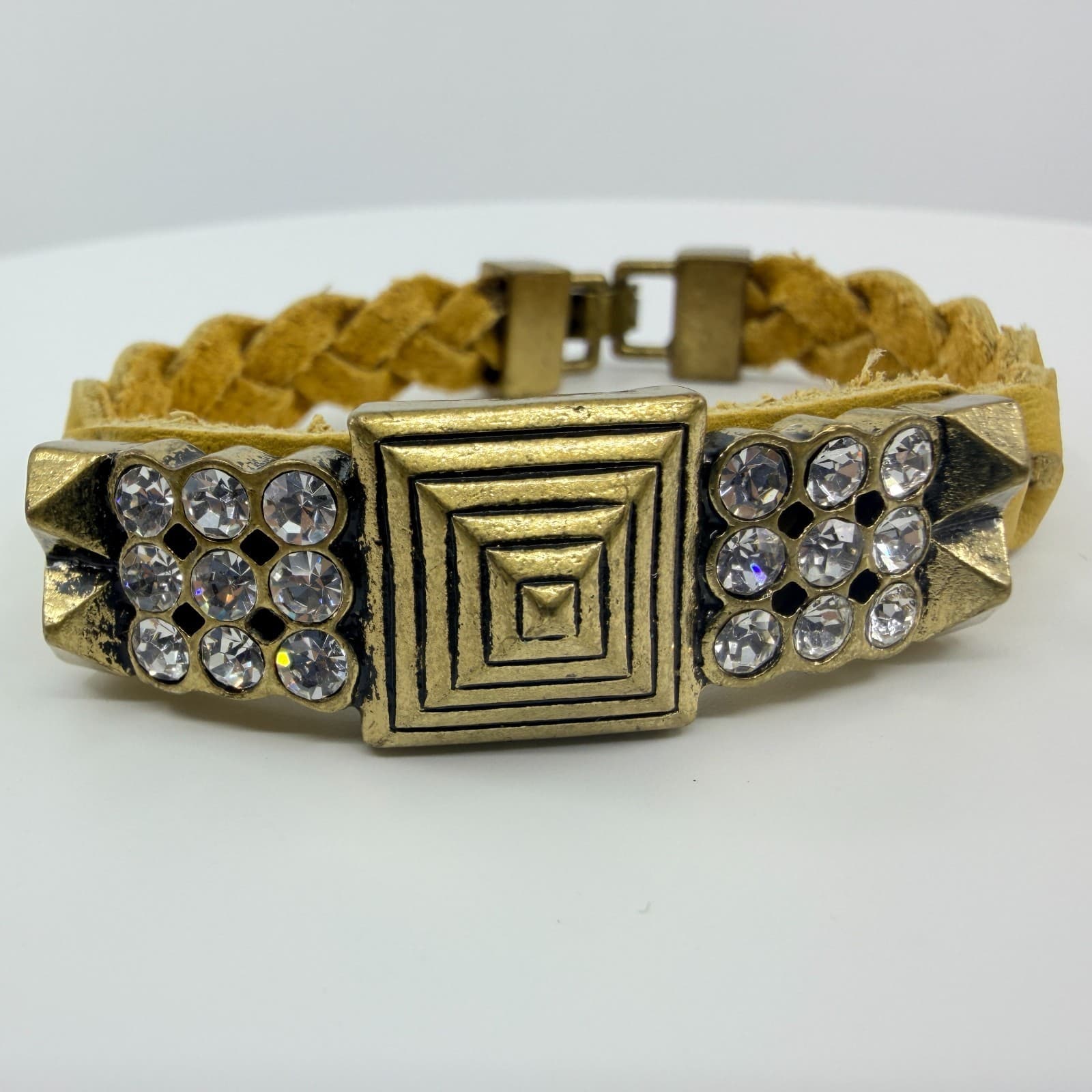 Vintage Antique Gold Tone Yellow Braided Statement Bracelet Rhinestone Bold Y2K - Thumbnail 3