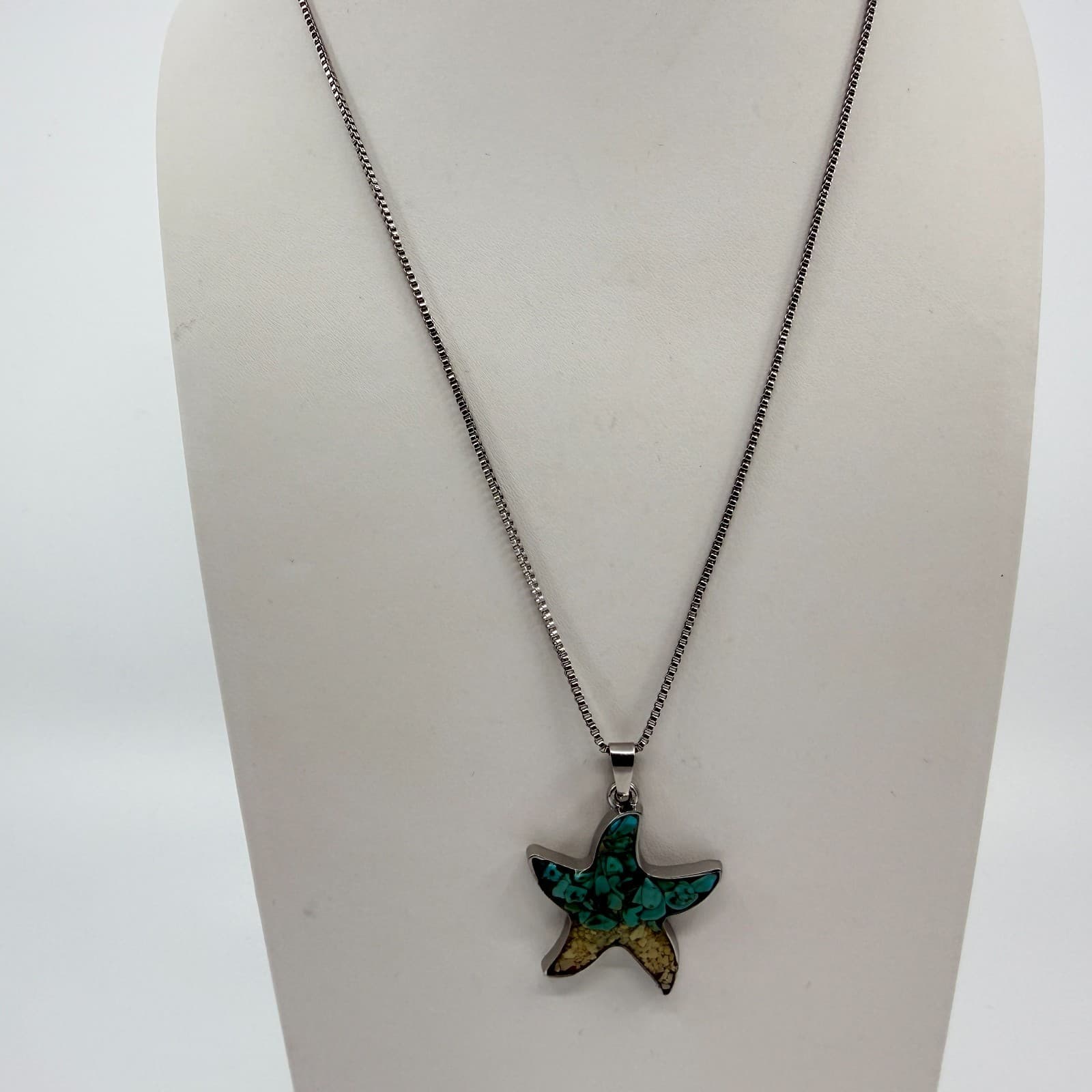 Vintage Silver Tone Starfish Pendant Necklace Teal Faux Turquoise Beachy Boho - Thumbnail 5