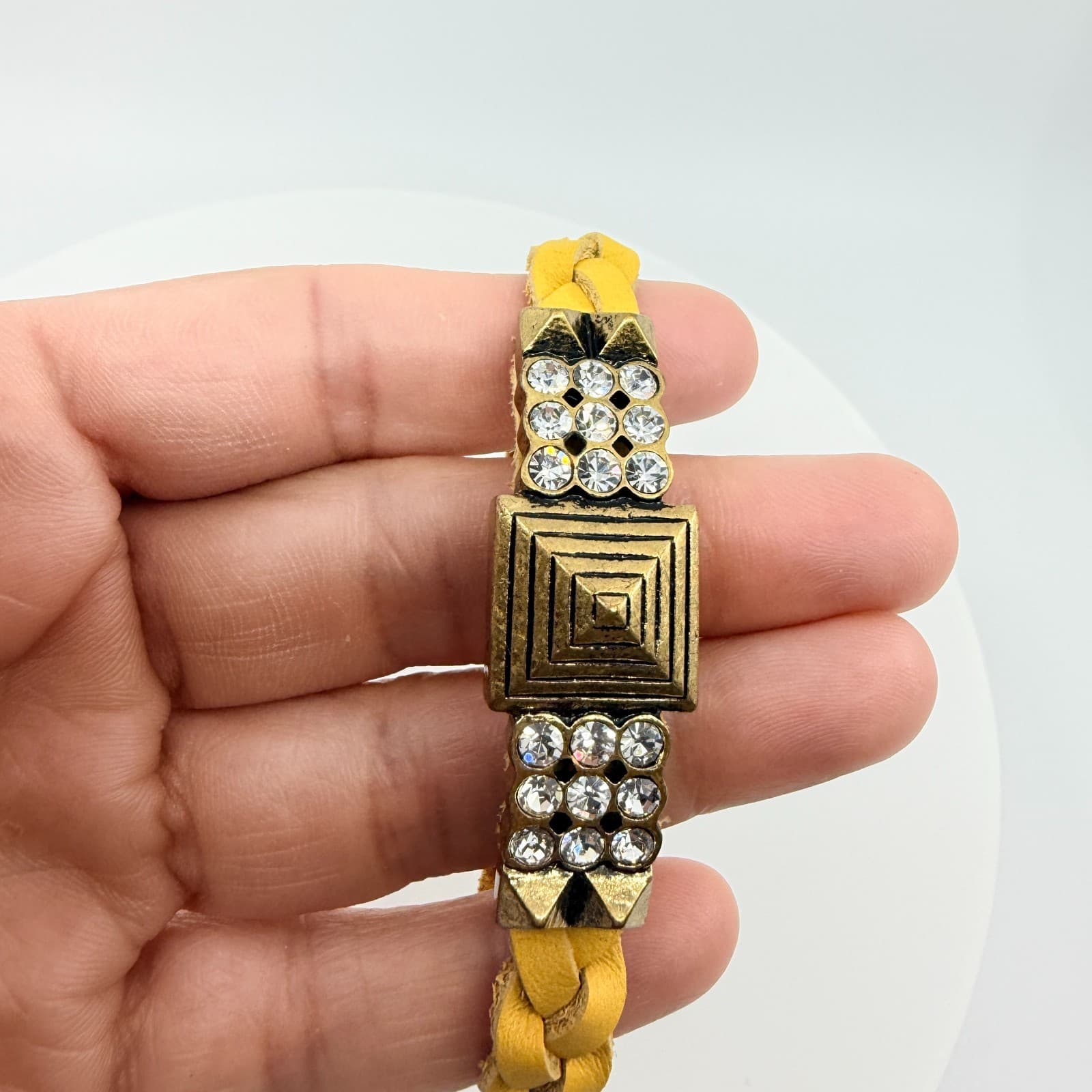 Vintage Antique Gold Tone Yellow Braided Statement Bracelet Rhinestone Bold Y2K - Thumbnail 6