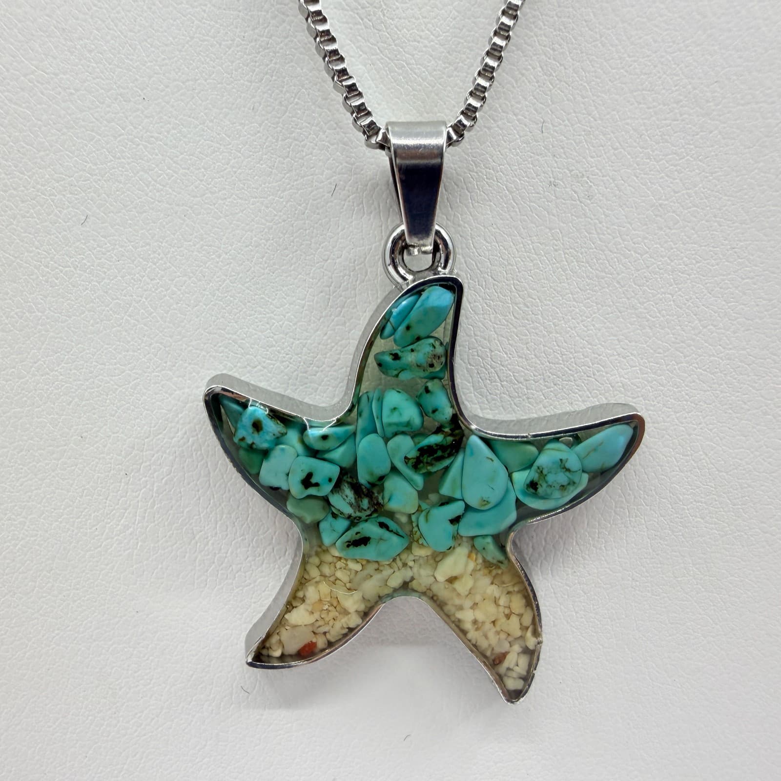 Vintage Silver Tone Starfish Pendant Necklace Teal Faux Turquoise Beachy Boho - Thumbnail 3