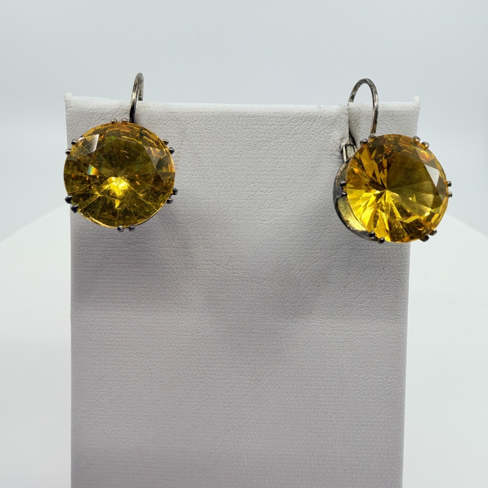 Vintage Silver Tone Yellow Round Faceted Drop Leverback Earrings Minimalist Boho - Thumbnail 4