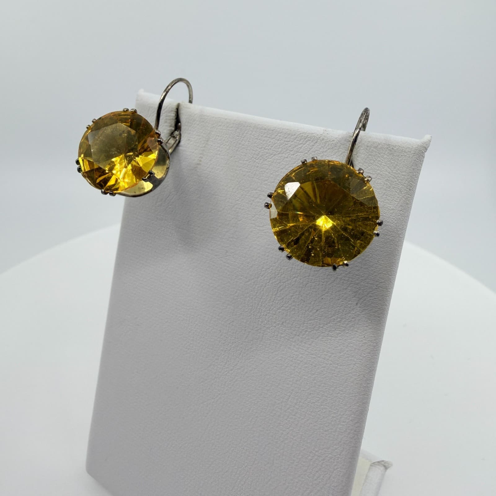 Vintage Silver Tone Yellow Round Faceted Drop Leverback Earrings Minimalist Boho - Thumbnail 7