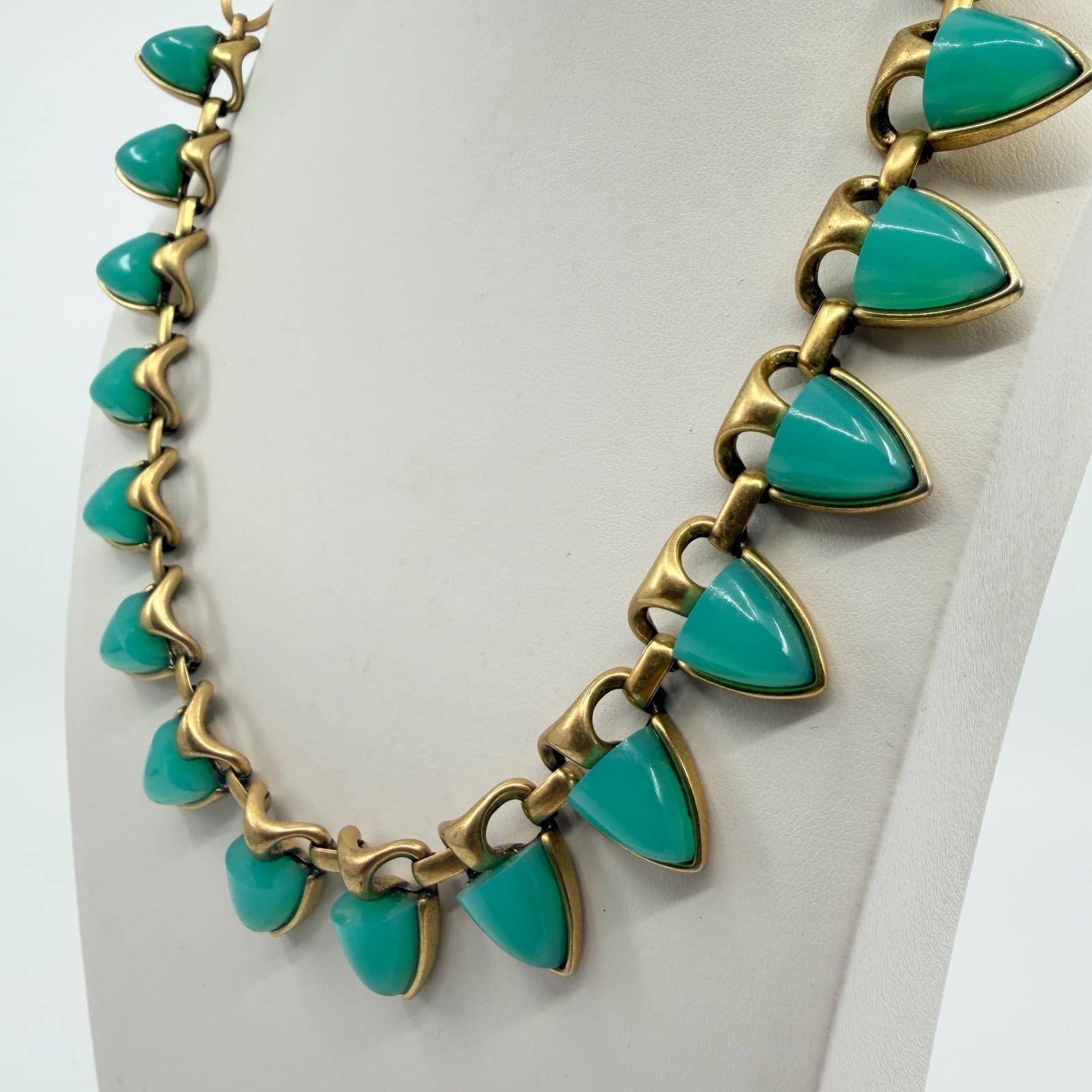 Vintage Antique Gold Tone Aqua Green Triangle Statement Necklace Bold Chunky Y2K - Thumbnail 5