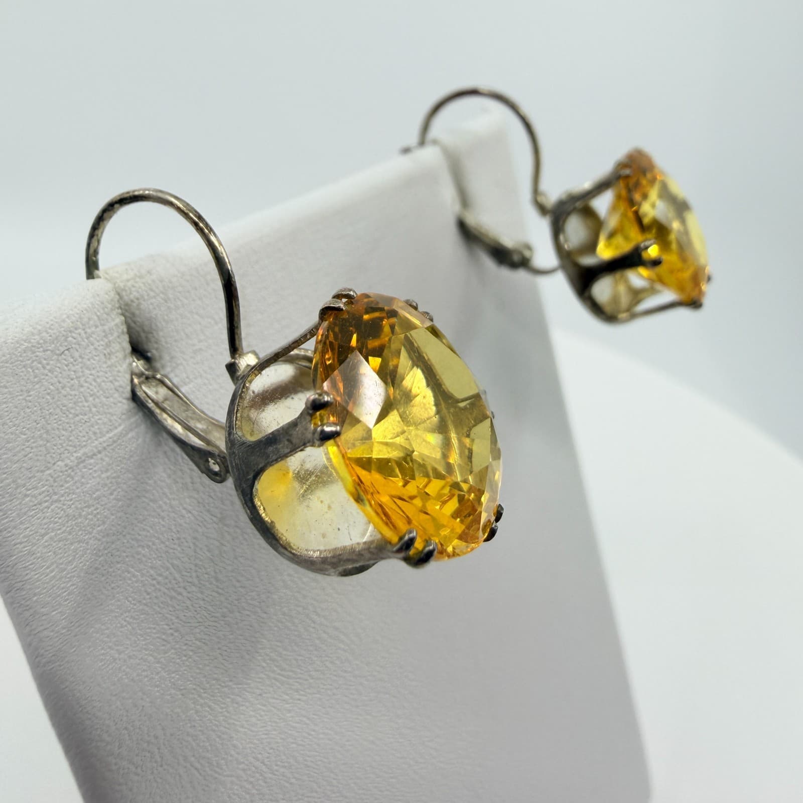 Vintage Silver Tone Yellow Round Faceted Drop Leverback Earrings Minimalist Boho - Thumbnail 5