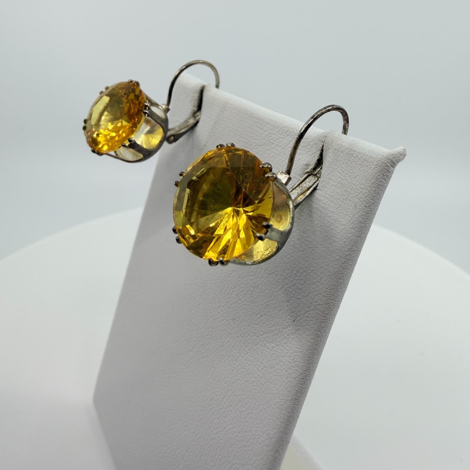 Vintage Silver Tone Yellow Round Faceted Drop Leverback Earrings Minimalist Boho - Thumbnail 6