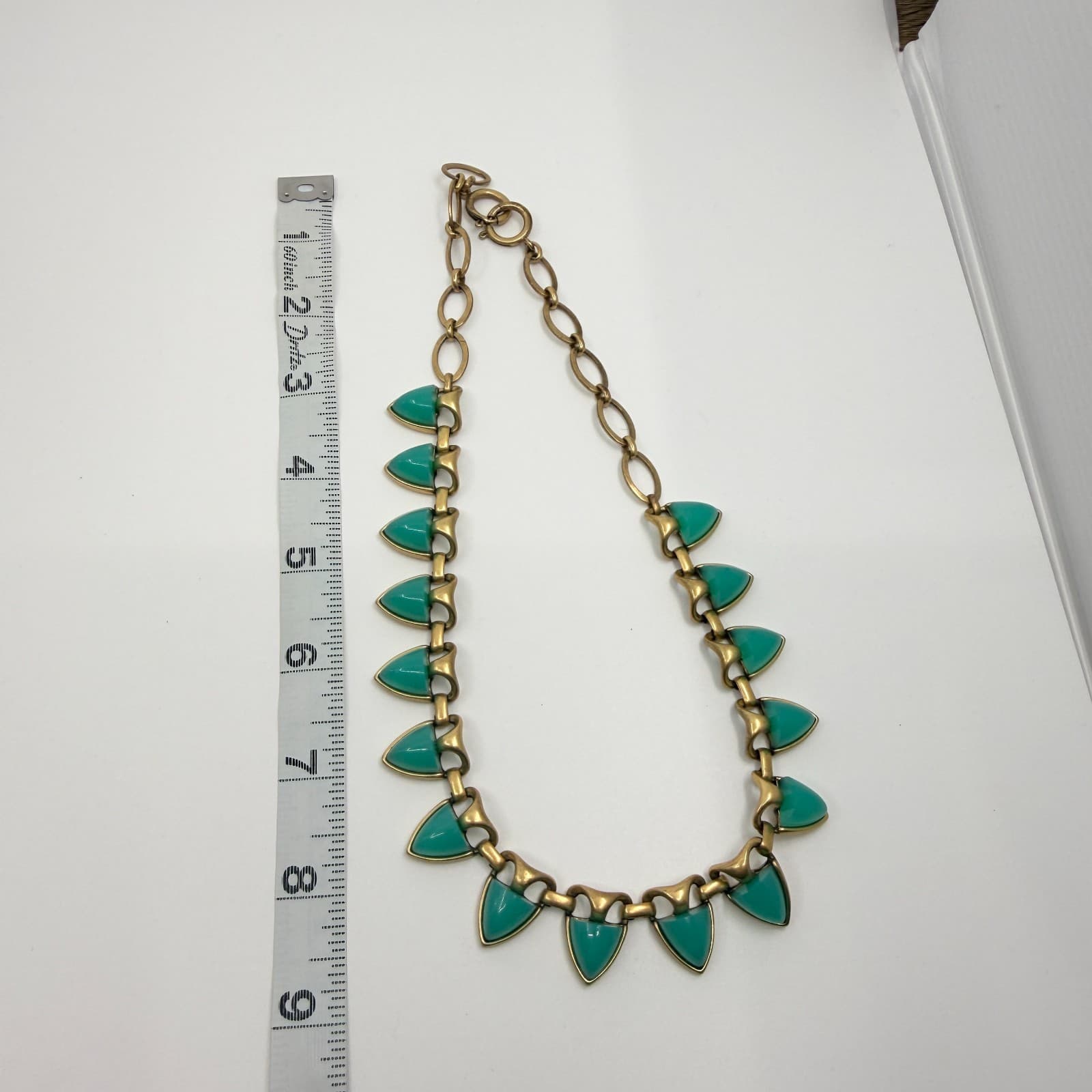 Vintage Antique Gold Tone Aqua Green Triangle Statement Necklace Bold Chunky Y2K - Thumbnail 8