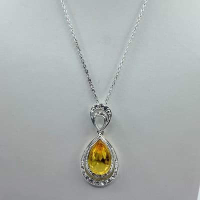 Vintage Silver Tone Yellow Teardrop Crystal Pendant Necklace Rhinestone Halo - Thumbnail 3