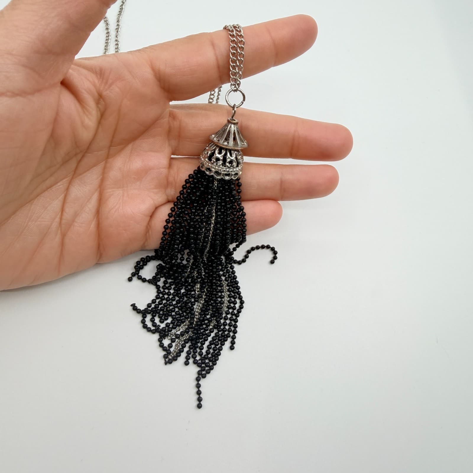 Vintage Silver Tone Black Beaded Tassel Pendant Necklace Long Boho Statement - Thumbnail 4