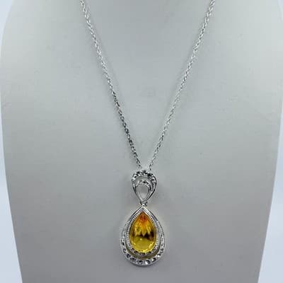 Vintage Silver Tone Yellow Teardrop Crystal Pendant Necklace Rhinestone Halo - Thumbnail 4