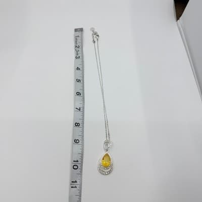 Vintage Silver Tone Yellow Teardrop Crystal Pendant Necklace Rhinestone Halo - Thumbnail 8