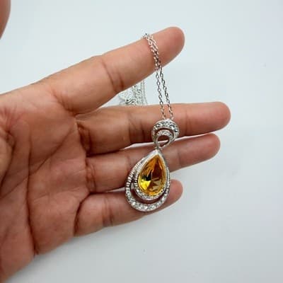 Vintage Silver Tone Yellow Teardrop Crystal Pendant Necklace Rhinestone Halo - Thumbnail 7