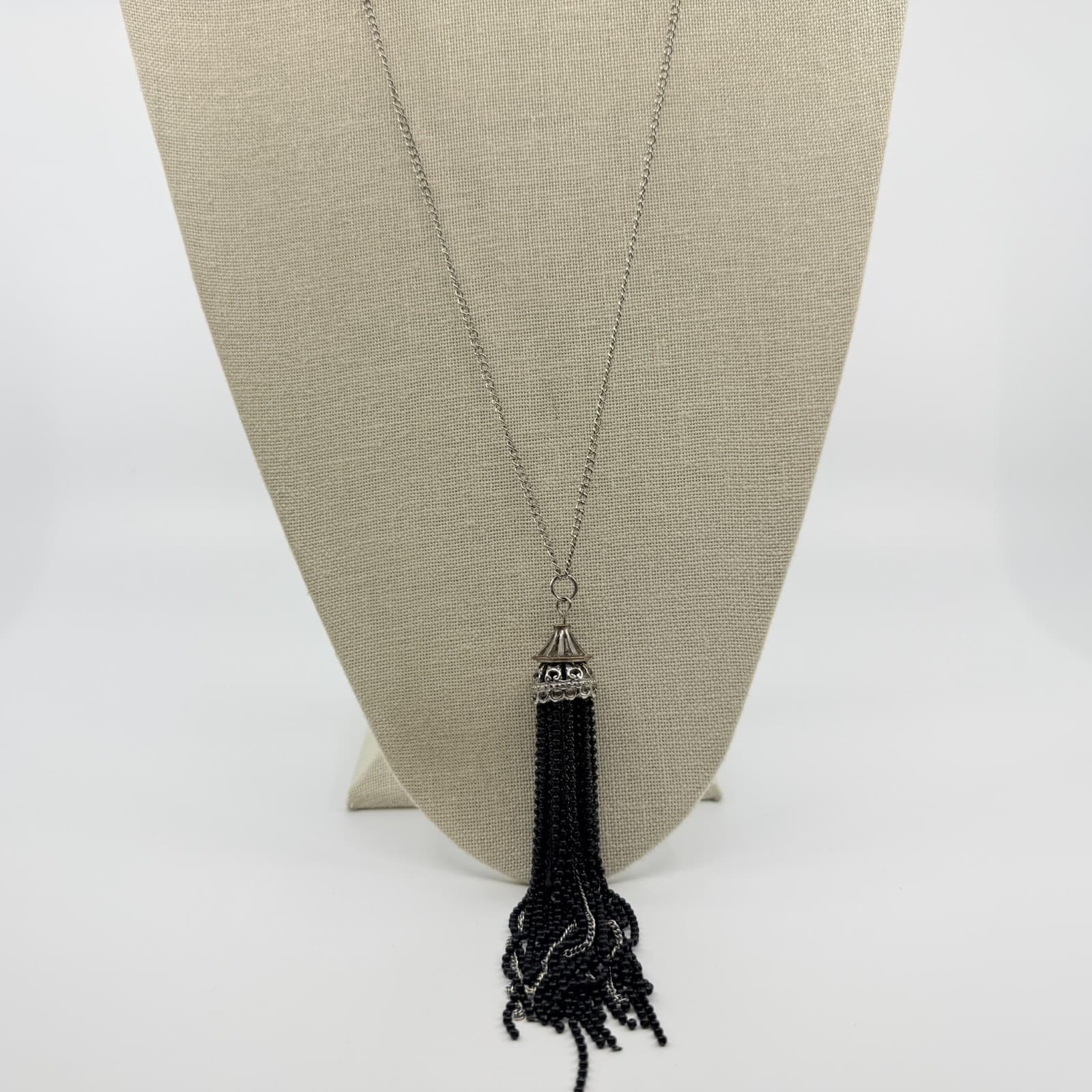 Vintage Silver Tone Black Beaded Tassel Pendant Necklace Long Boho Statement - Thumbnail 2