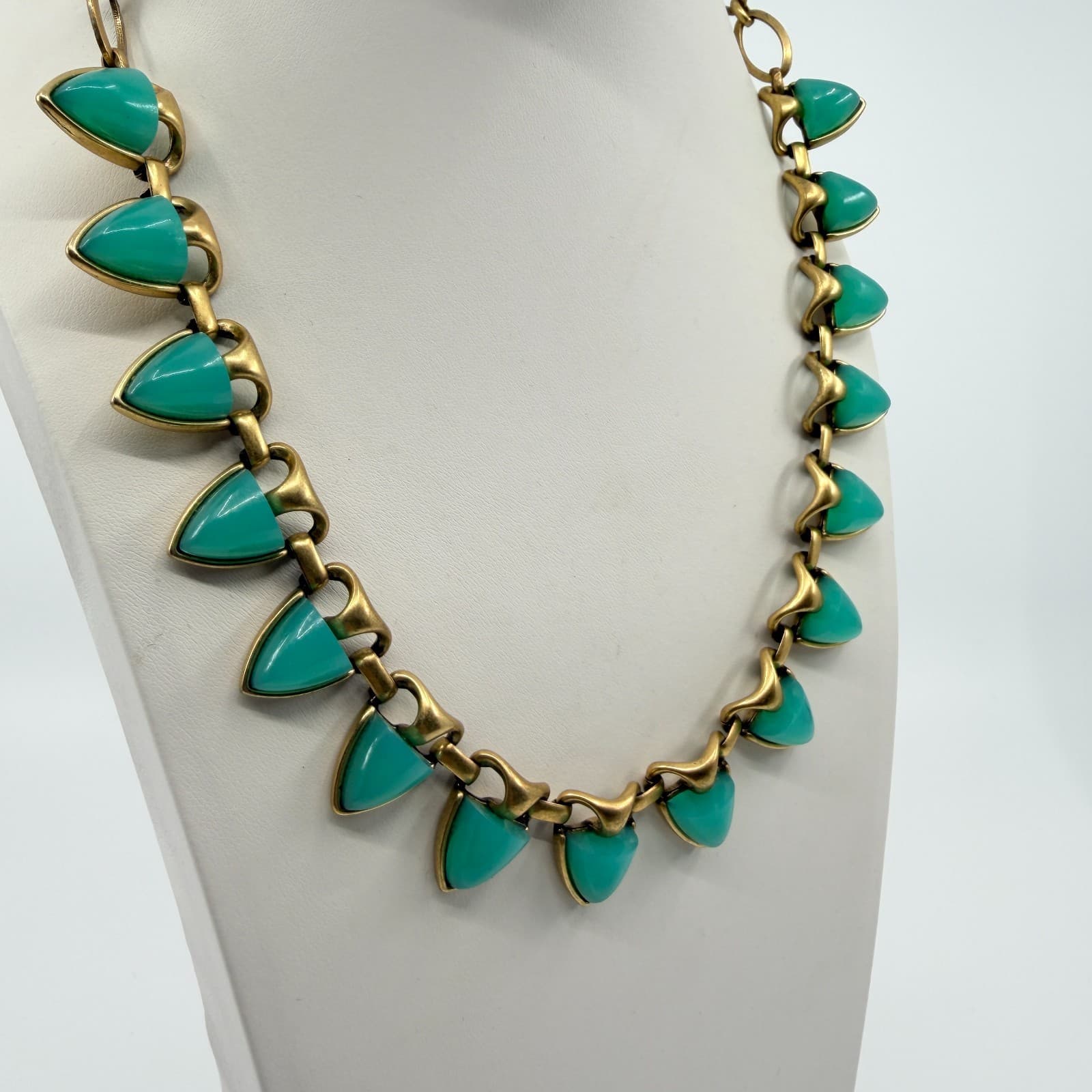 Vintage Antique Gold Tone Aqua Green Triangle Statement Necklace Bold Chunky Y2K - Thumbnail 4