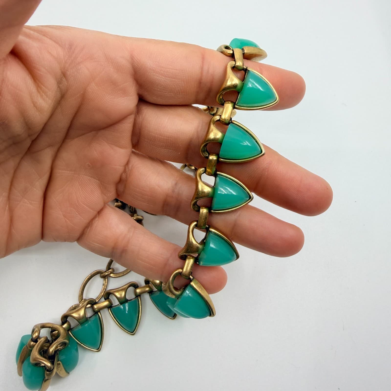 Vintage Antique Gold Tone Aqua Green Triangle Statement Necklace Bold Chunky Y2K - Thumbnail 7